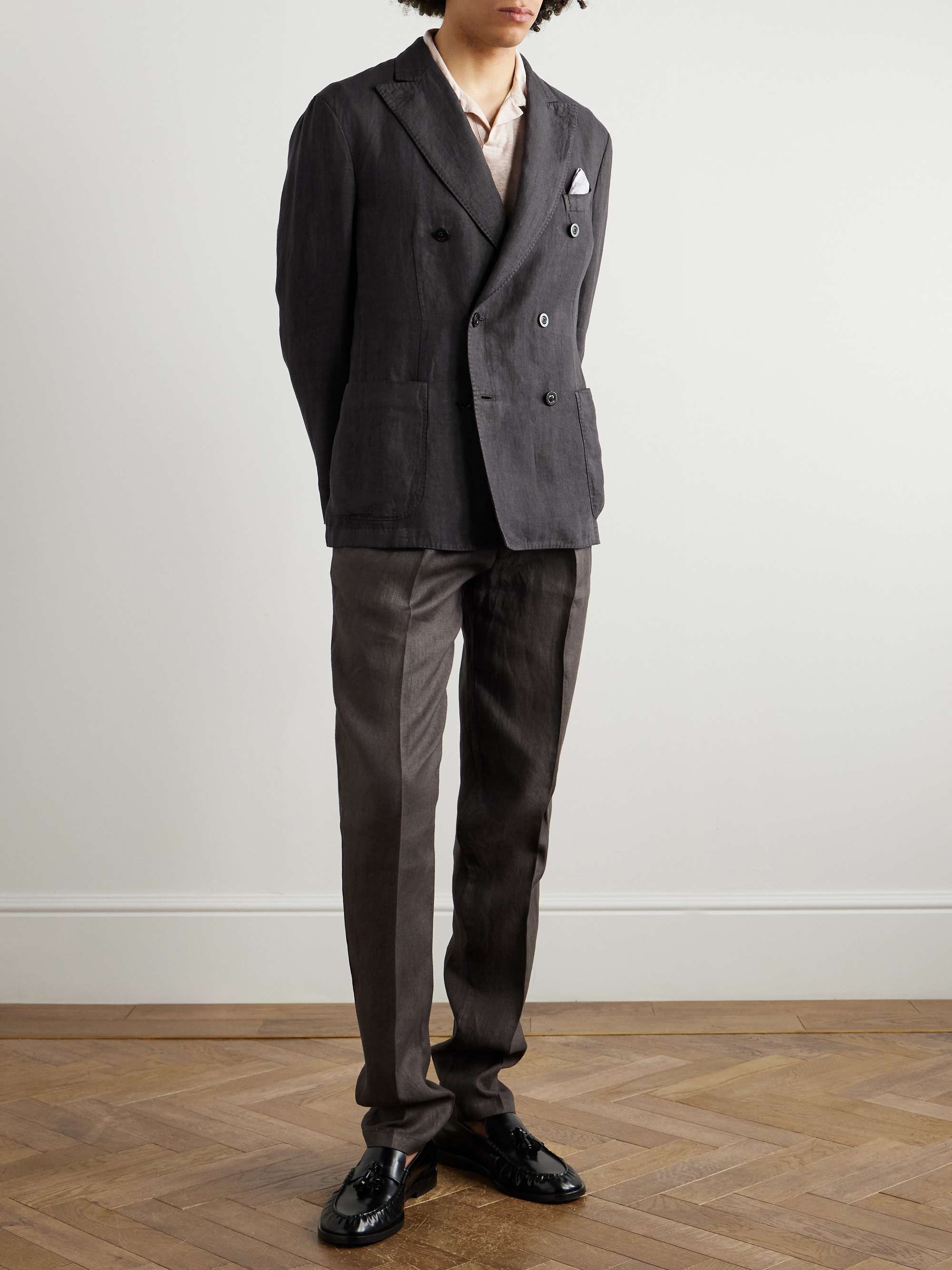 Double-Breasted Herringbone Linen Suit Jacket view
