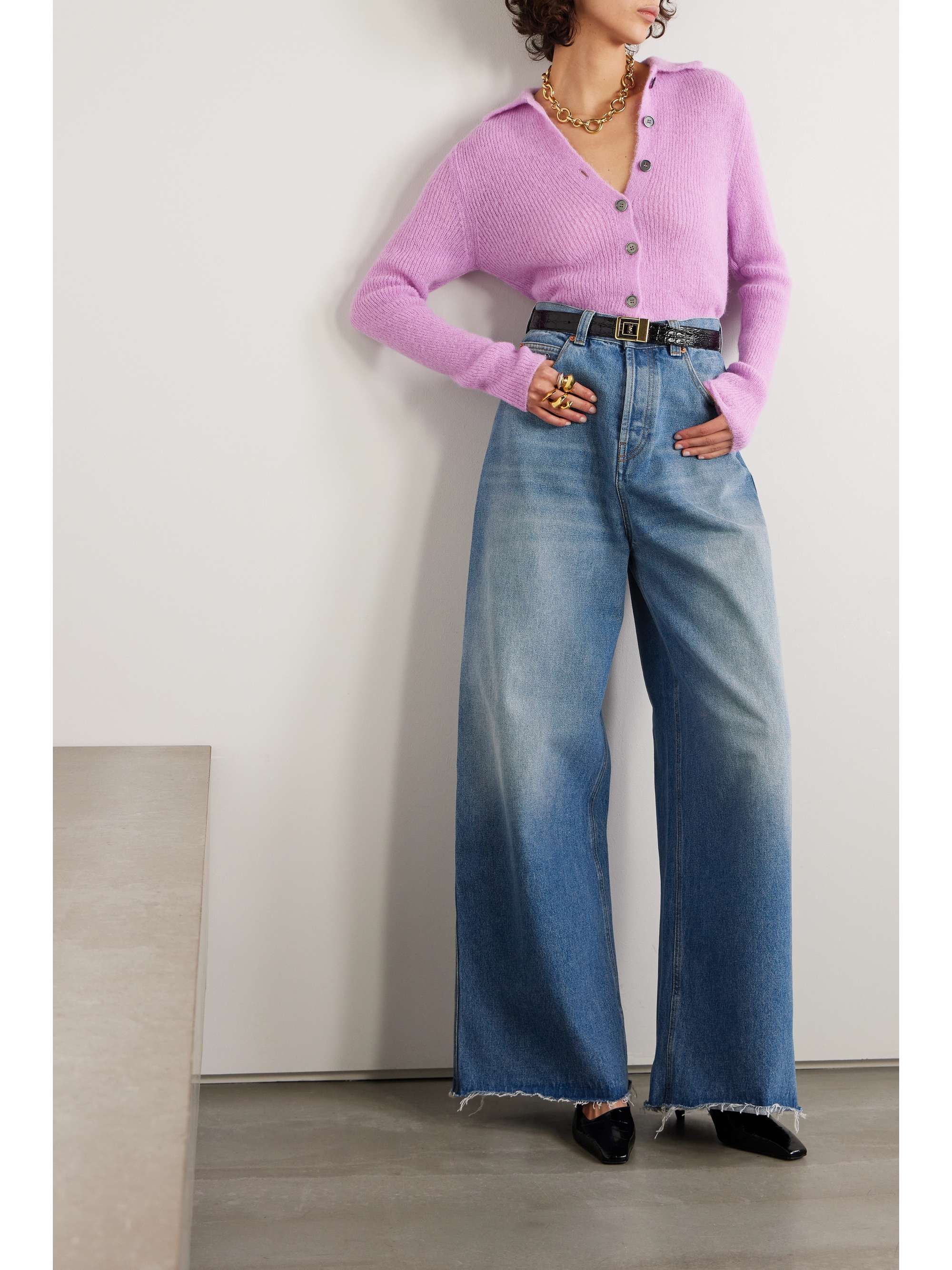 Horsebit-detailed frayed high-rise wide-leg jeans view