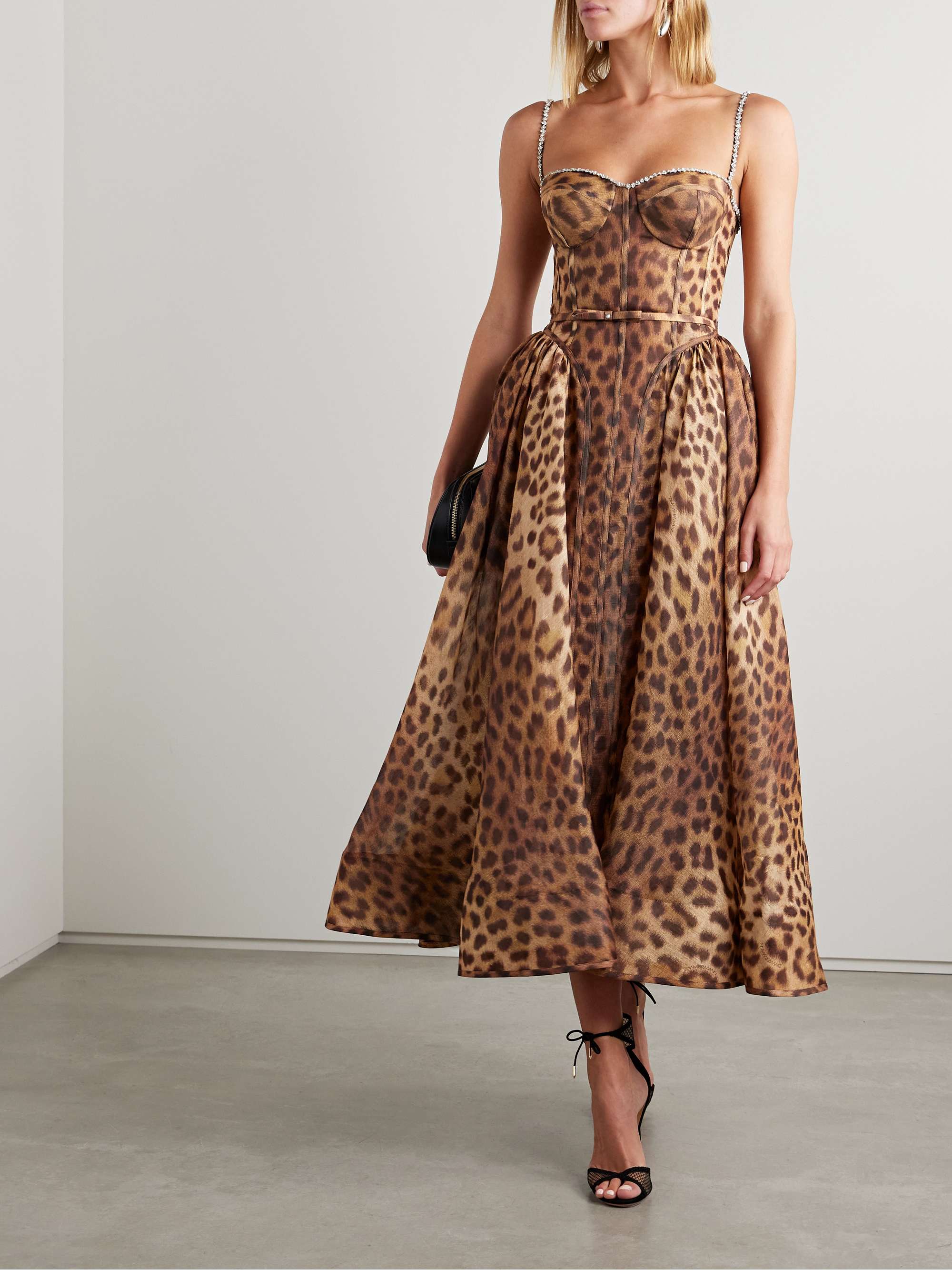 Crush belted crystal-embellished leopard-print linen and silk-blend organza midi dress view