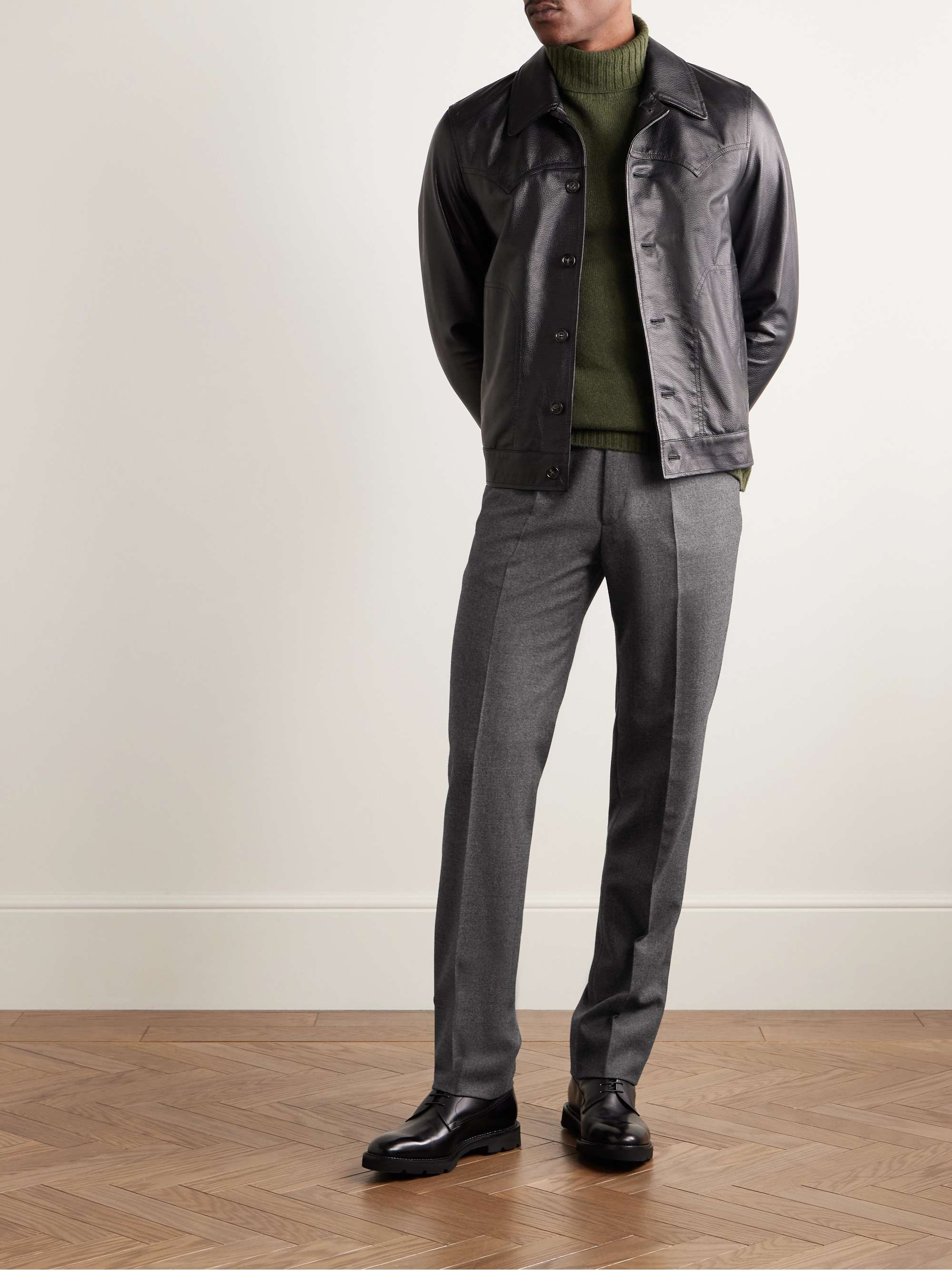 Slim-Fit Straight-Leg Pleated Wool Trousers view