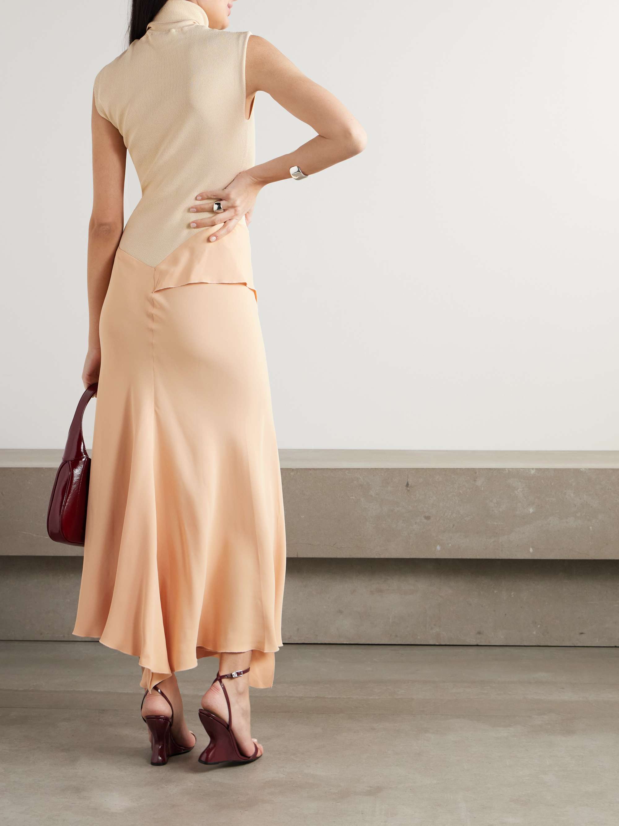 Asymmetric draped gathered ribbed-knit and crepe midi dress view