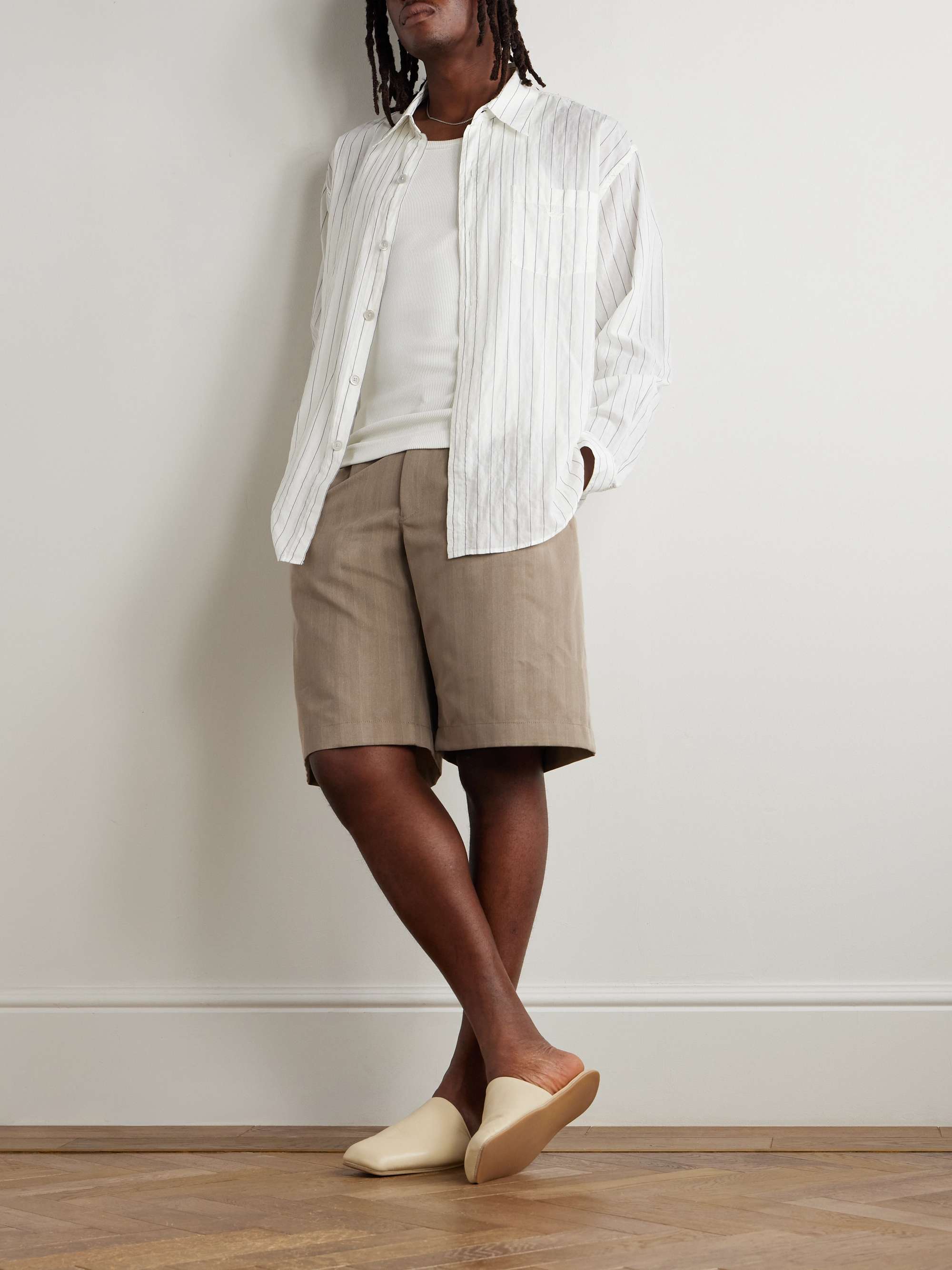 + Emporio Armani Pleated Striped Herringbone Twill Shorts view