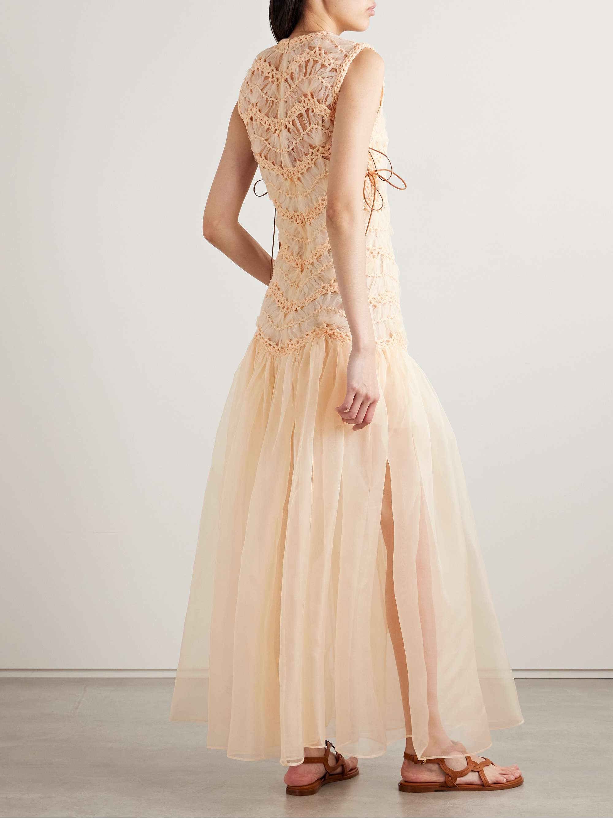 Illuminate macramé and tulle-trimmed gathered silk-organza gown view