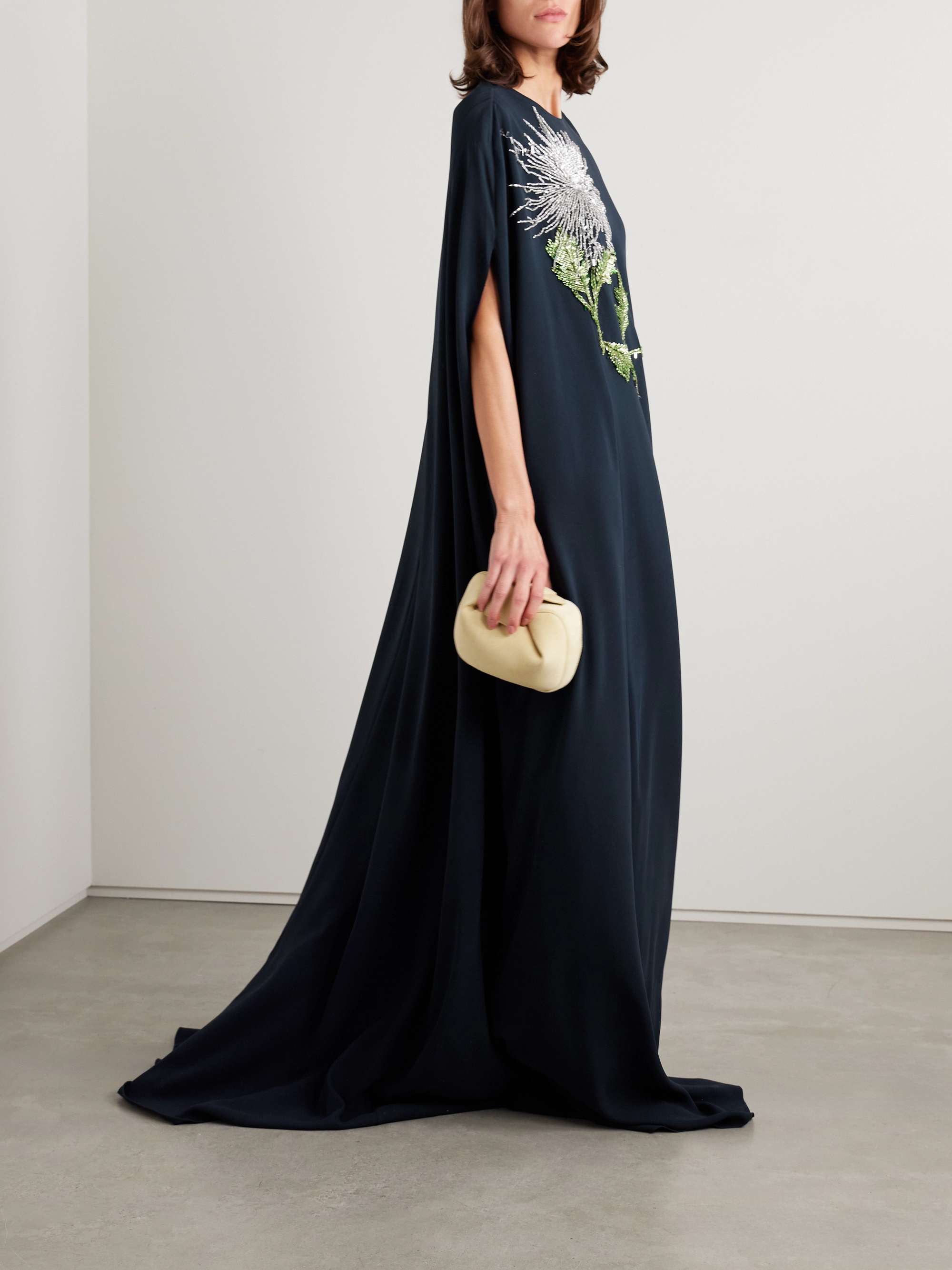 Cape-effect embellished silk-blend crepe gown view