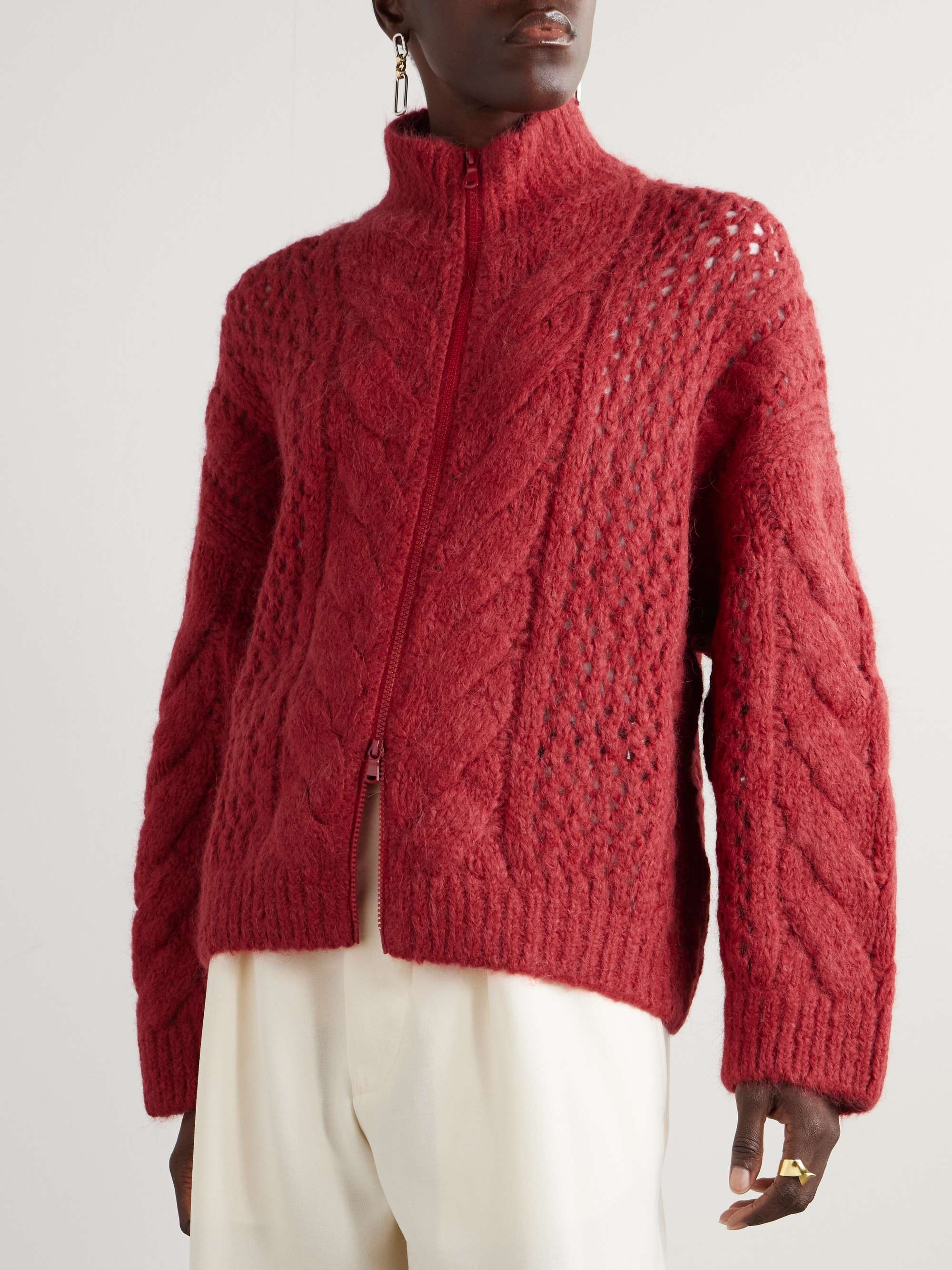 Open and cable-knit alpaca-blend cardigan view