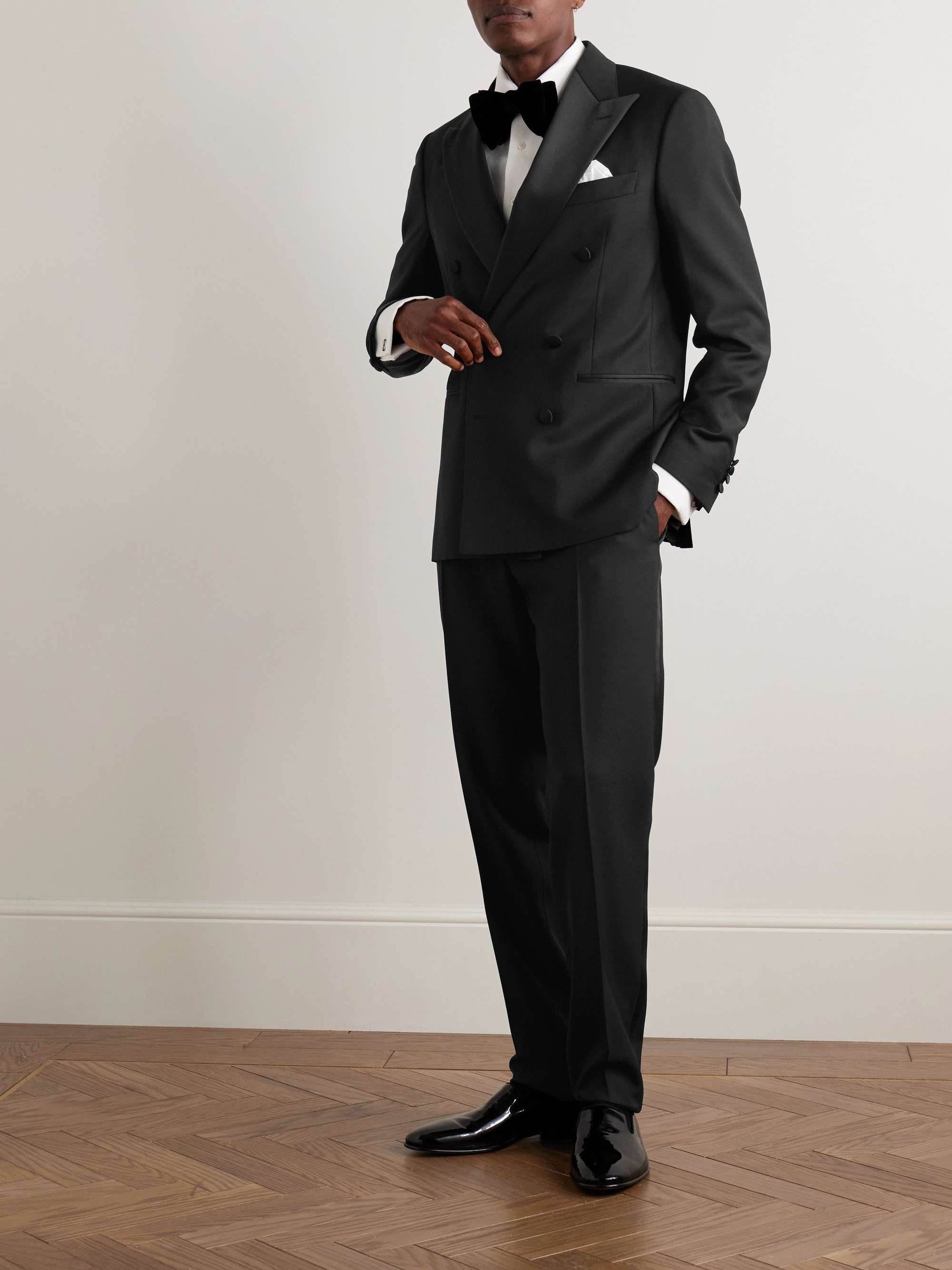 Slim-Fit Double Breasted Satin-Trimmed Wool Tuxedo Jacket view