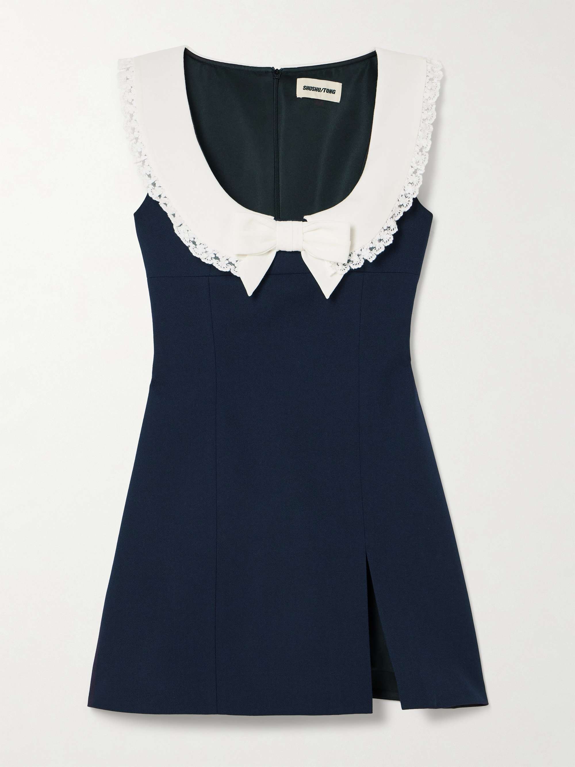 Lace-trimmed bow-detailed wool and silk-blend twill mini dress view