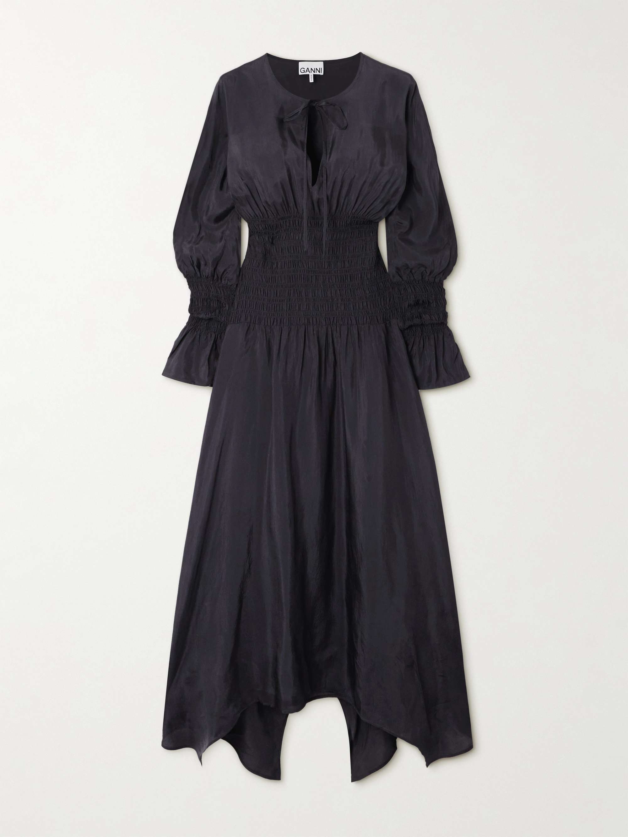 Tie-detailed smocked habotai midi dress view