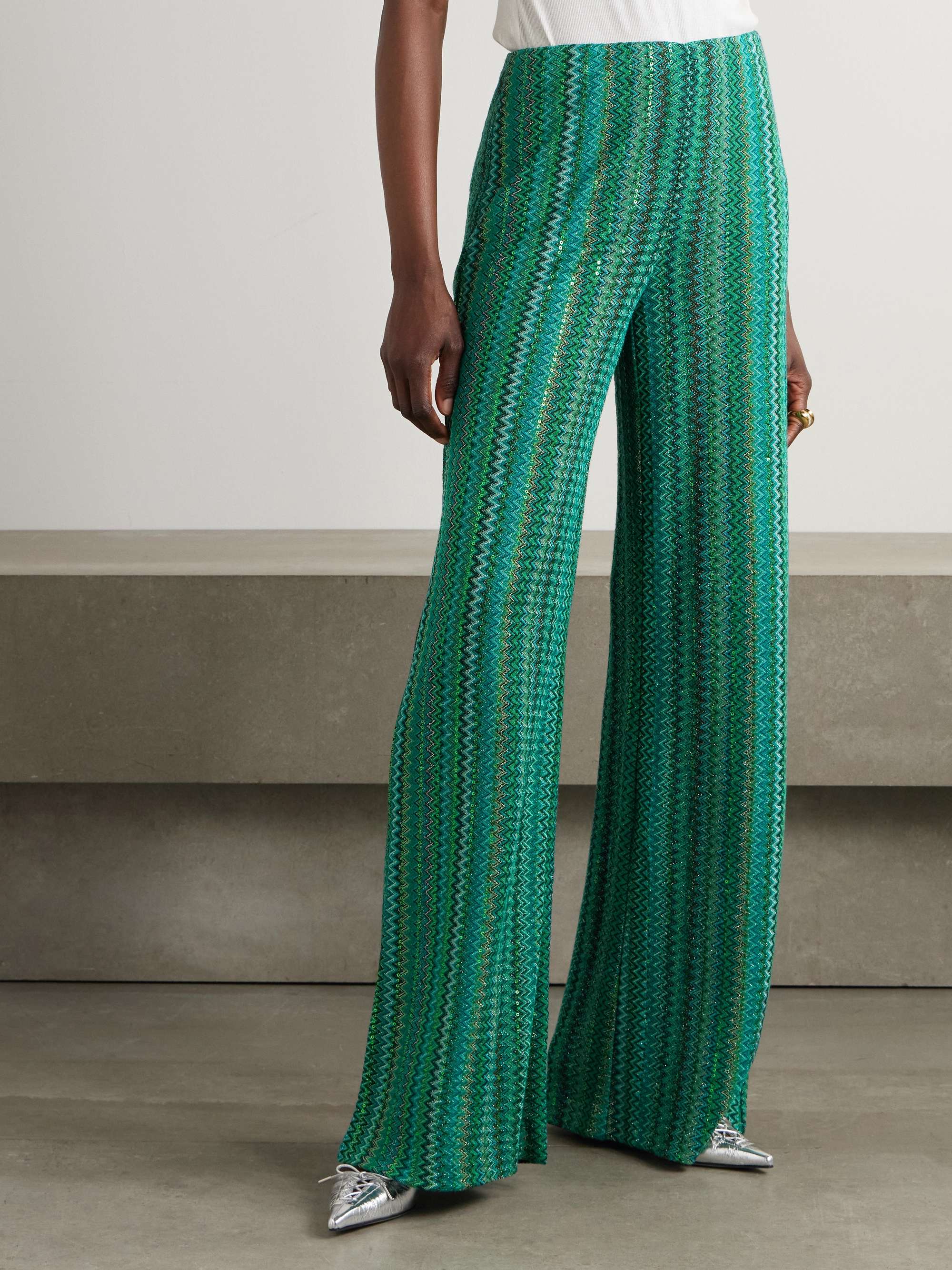 Sequin-embellished metallic crochet-knit wide-leg pants view
