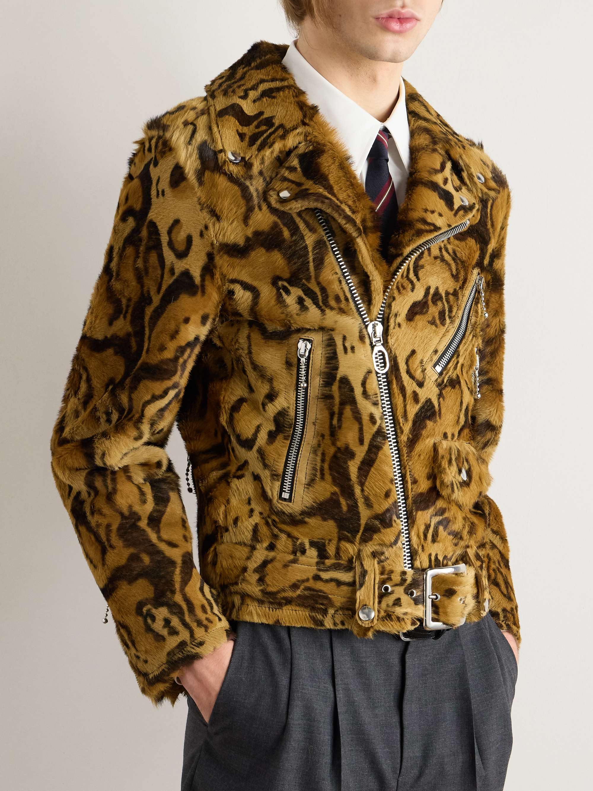 Belted Leopard-Print Goat Hair Biker Jacket view