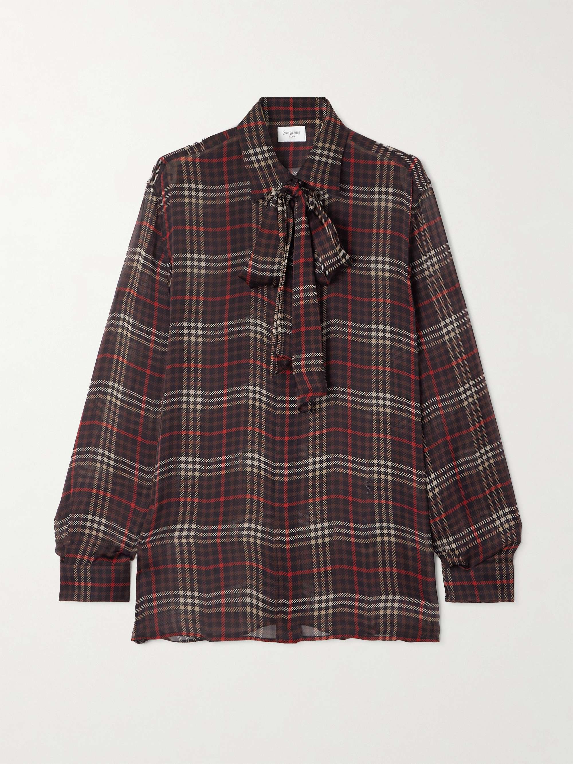 Pussy-bow checked silk-chiffon shirt view