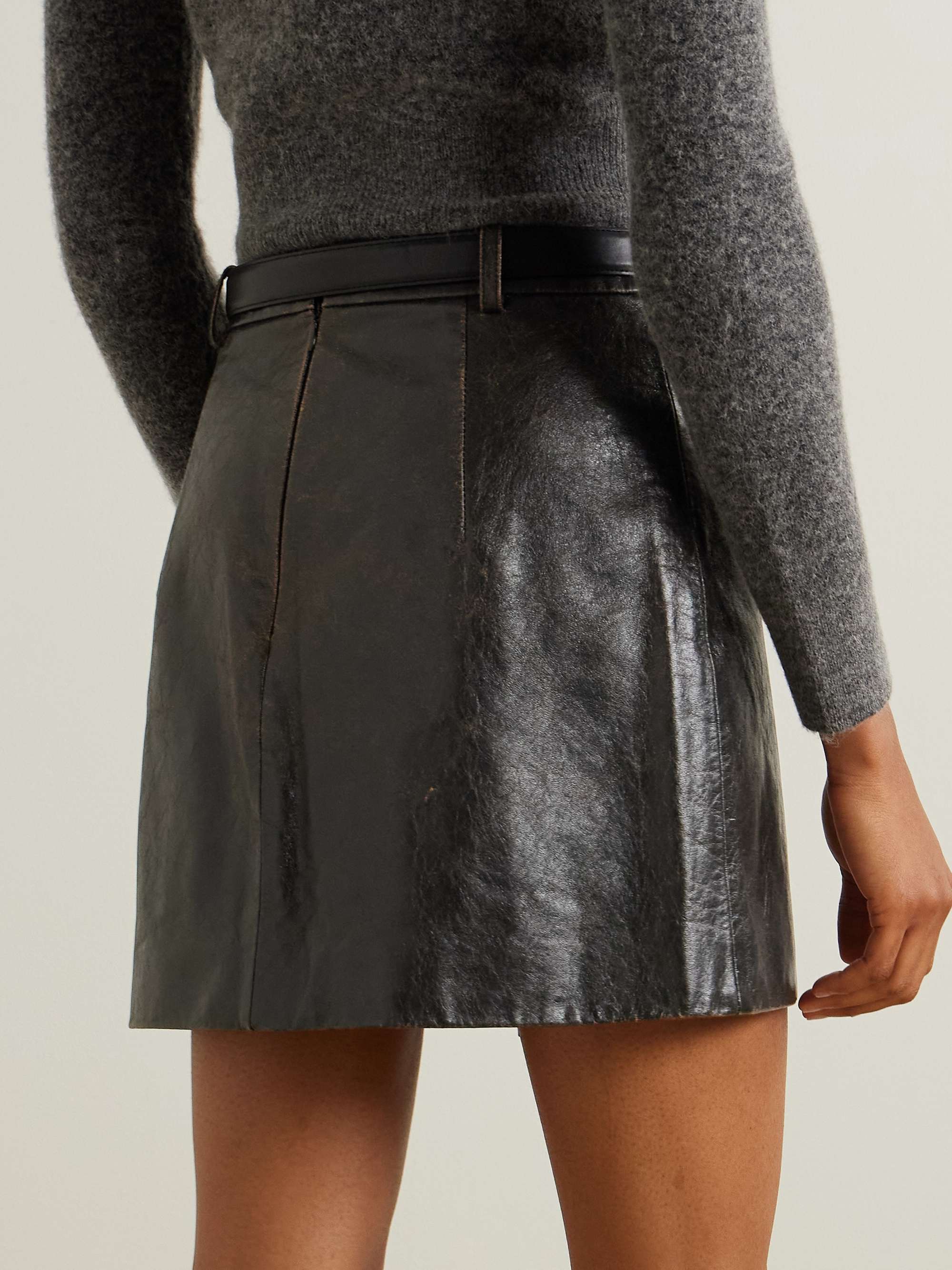 Belted distressed leather mini skirt view