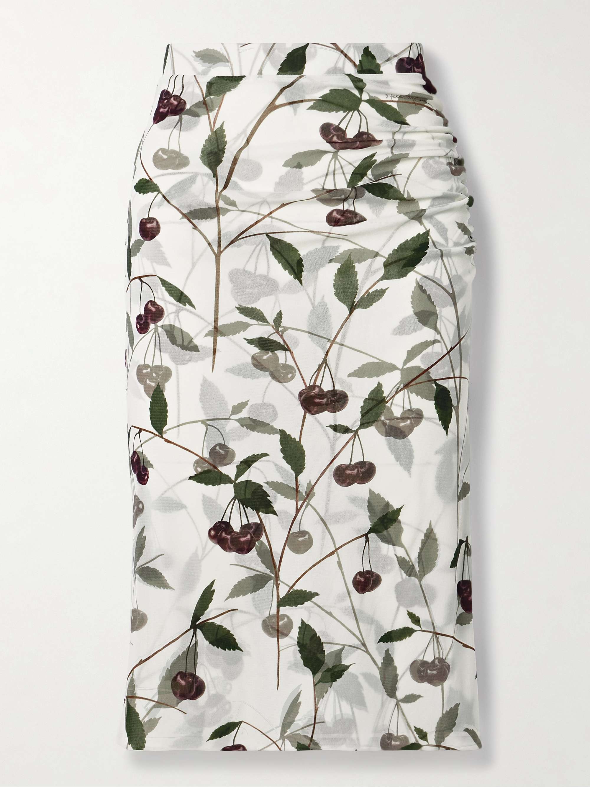 Ruched printed stretch-mesh midi skirt view