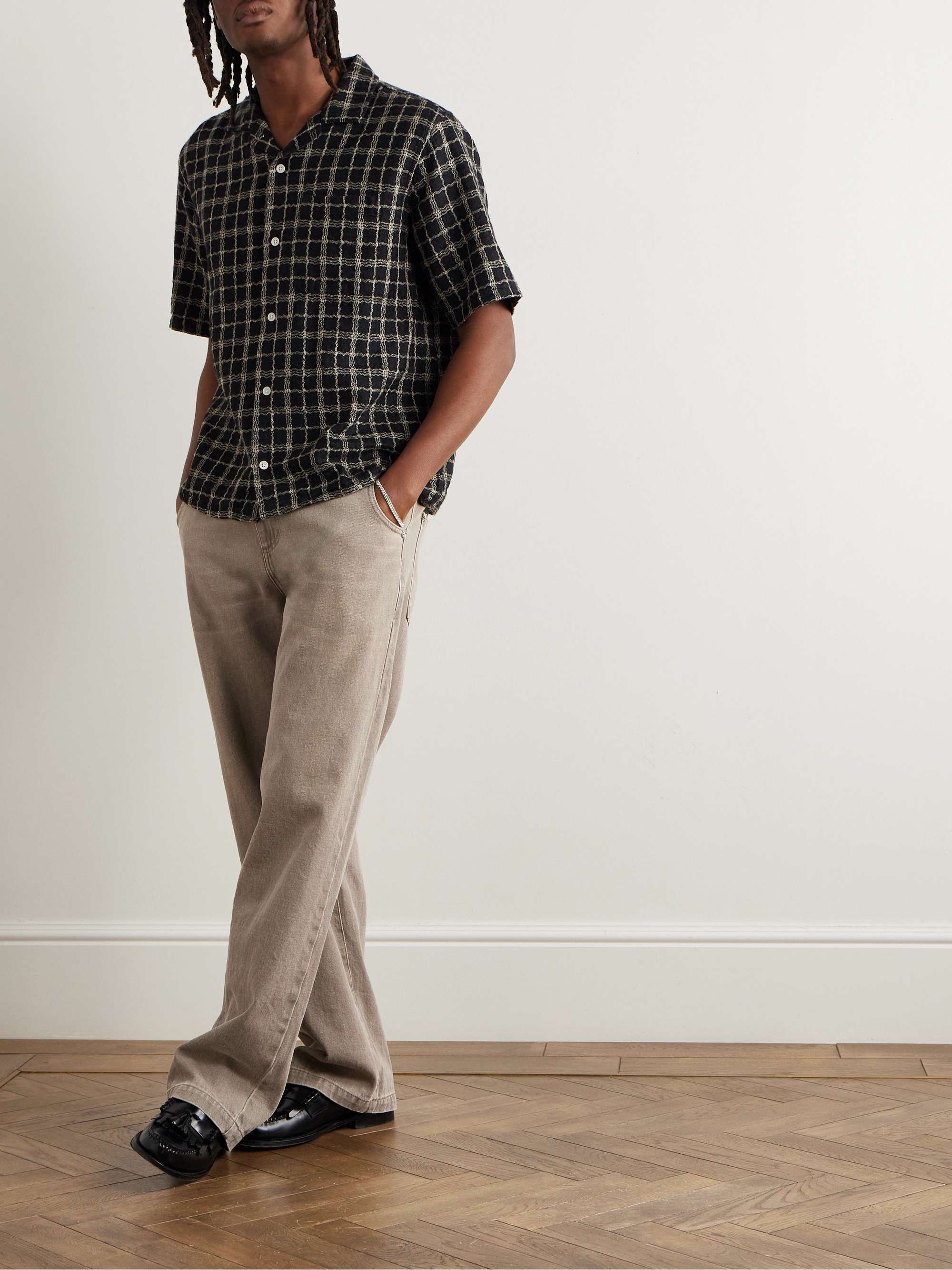 Camp-Collar Checked Cotton and Linen-Blend Gauze Shirt view