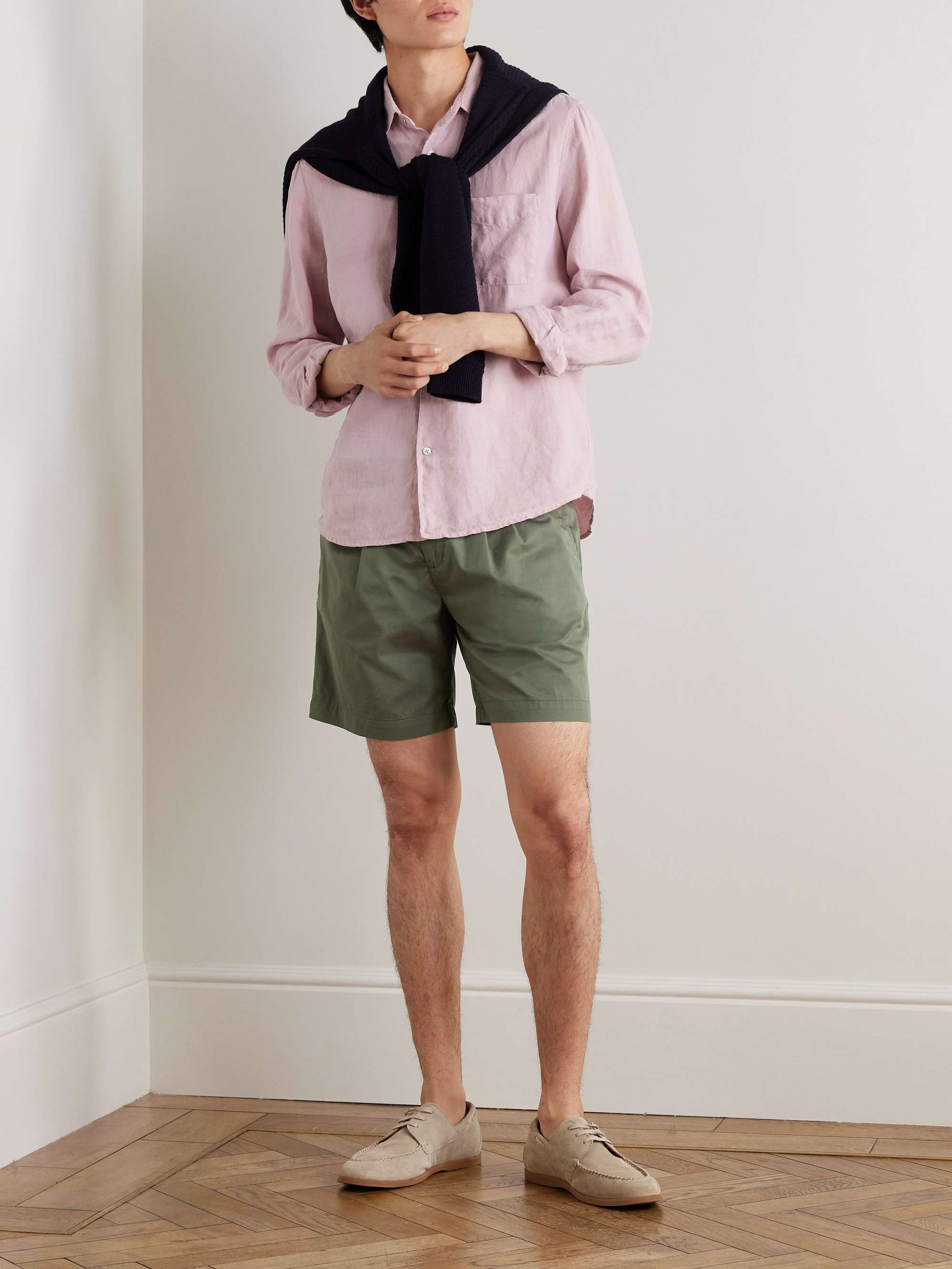 Straight-Leg Pleated Organic Cotton-Poplin Shorts view