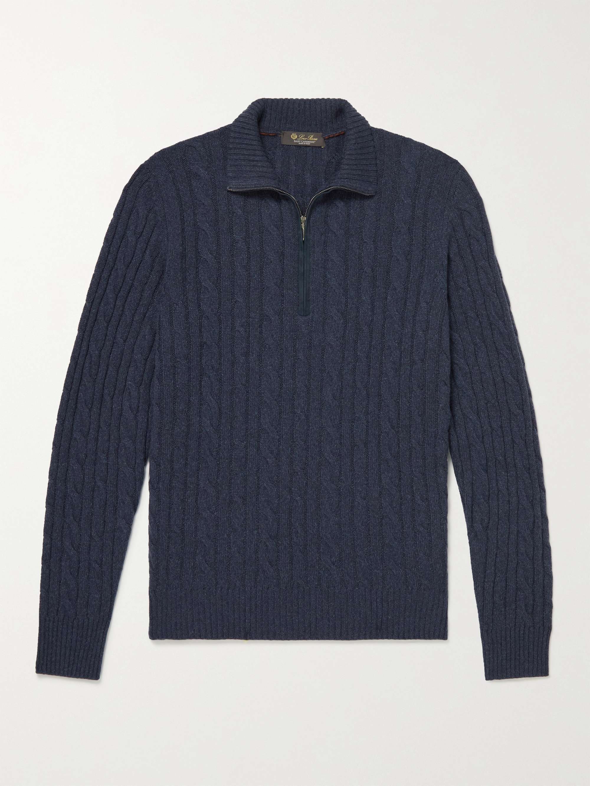 Suede-Trimmed Cable-Knit Baby Cashmere Half-Zip Sweater view
