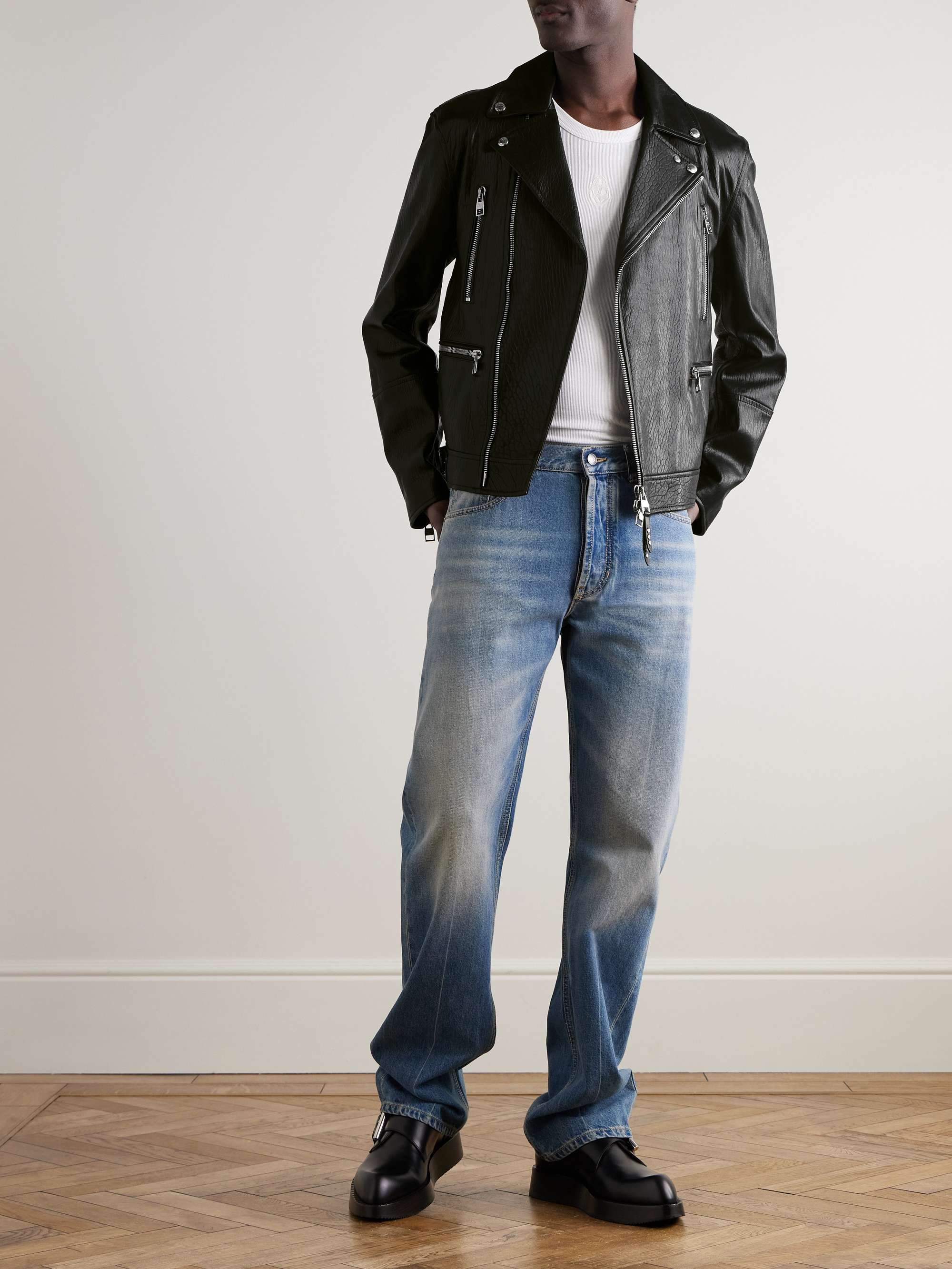 Slim-Fit Zip-Detailed Leather Biker Jacket view