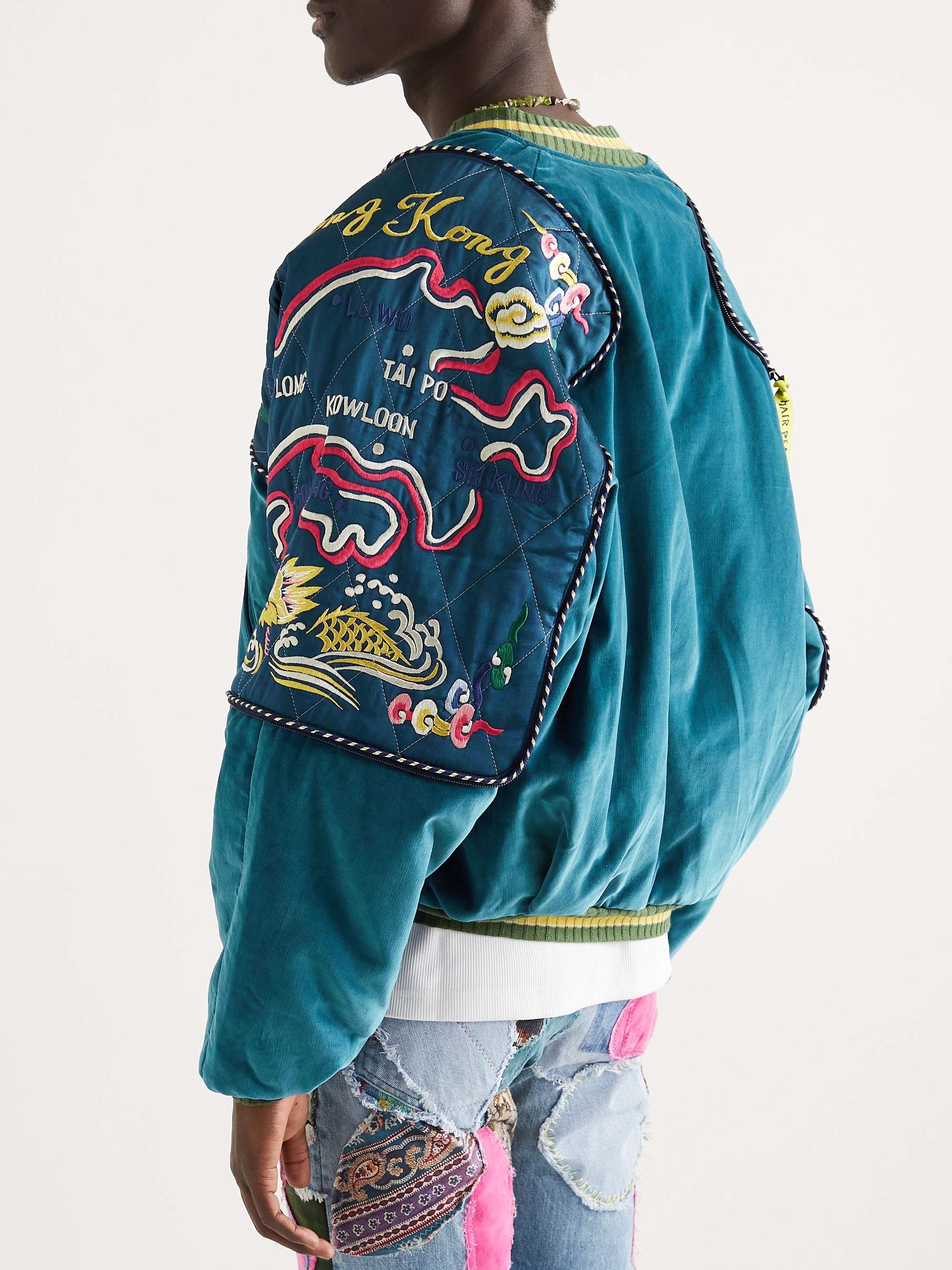 Embroidered Padded Cotton-Velvet and Satin Bomber Jacket view