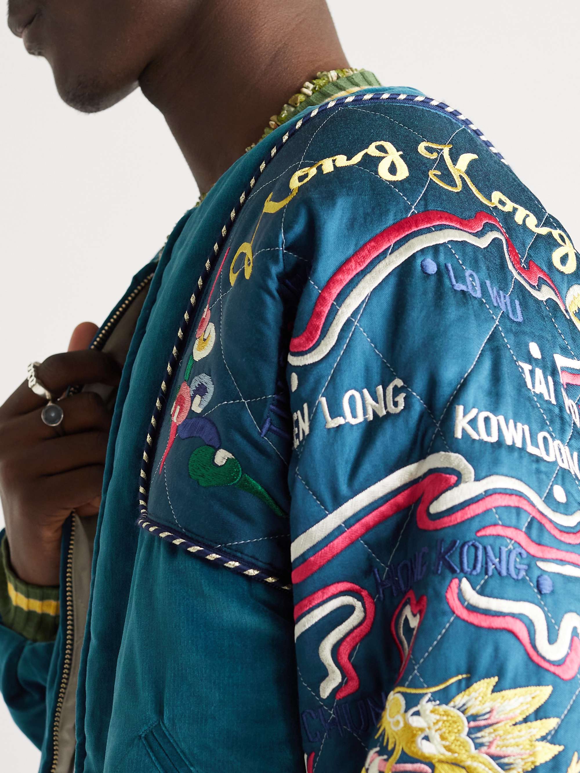 Embroidered Padded Cotton-Velvet and Satin Bomber Jacket view