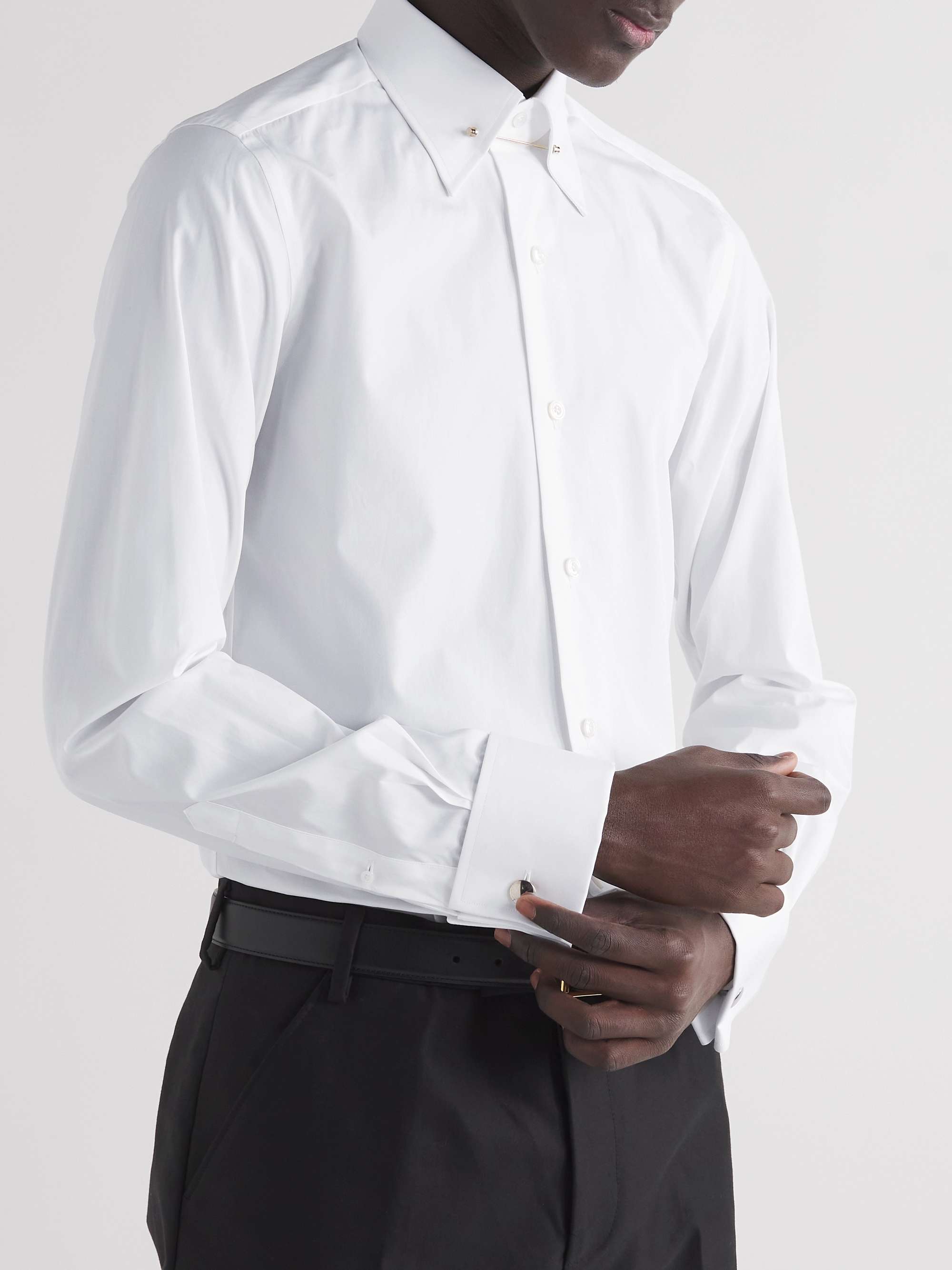 White Slim-Fit Pinned-Collar Double-Cuff Cotton-Poplin Shirt view