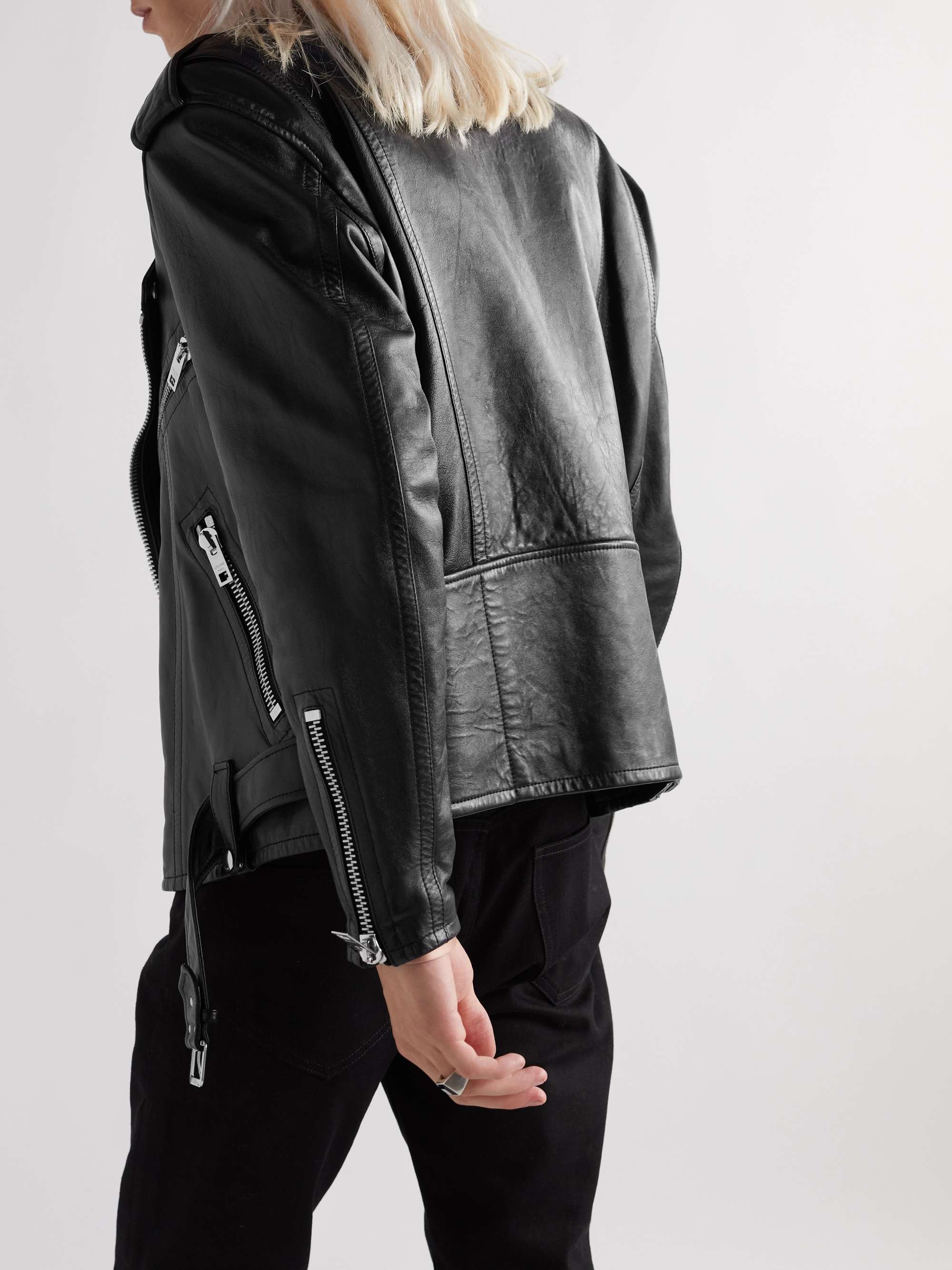 Textured-Leather Biker Jacket view