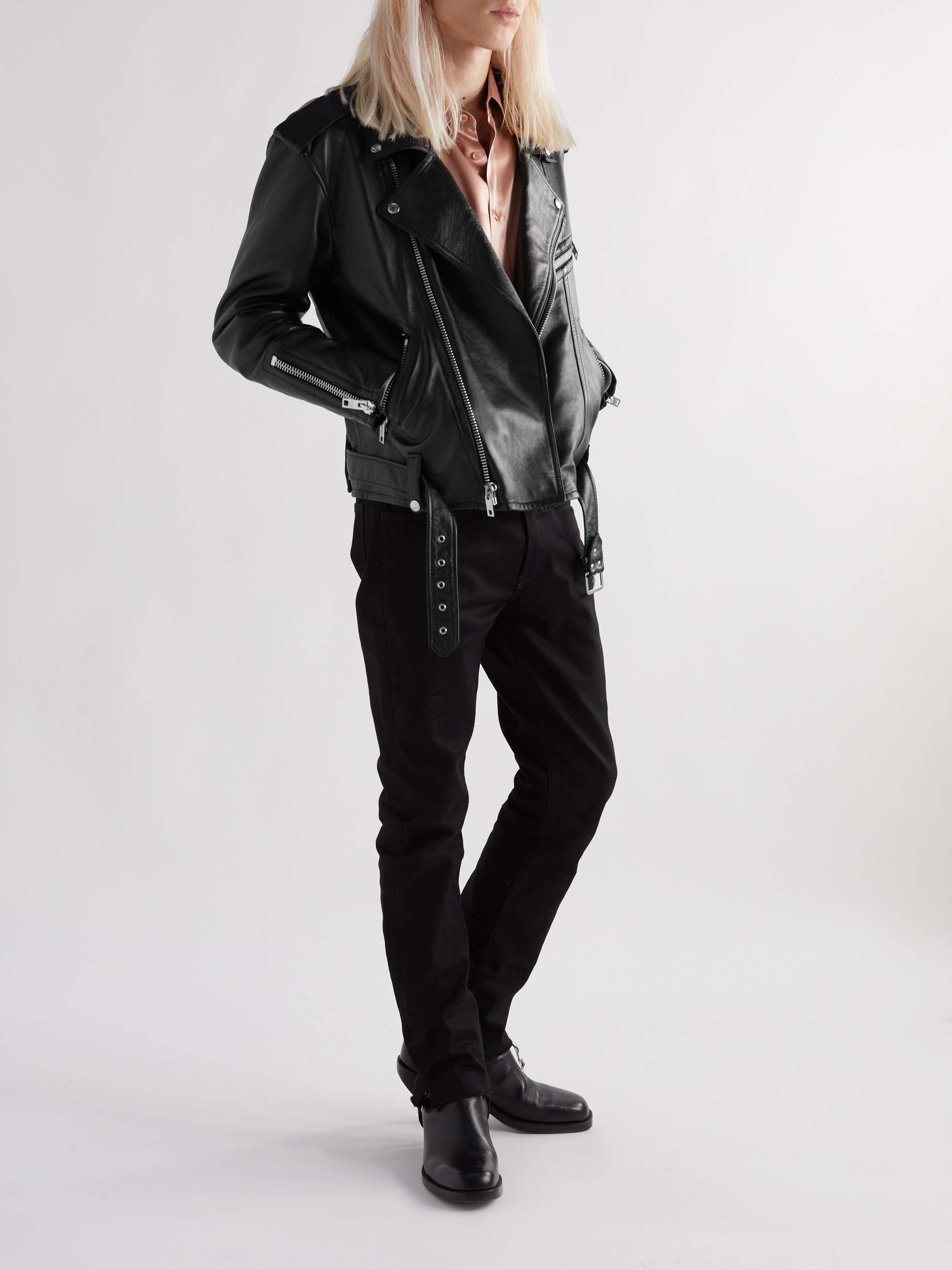 Textured-Leather Biker Jacket view