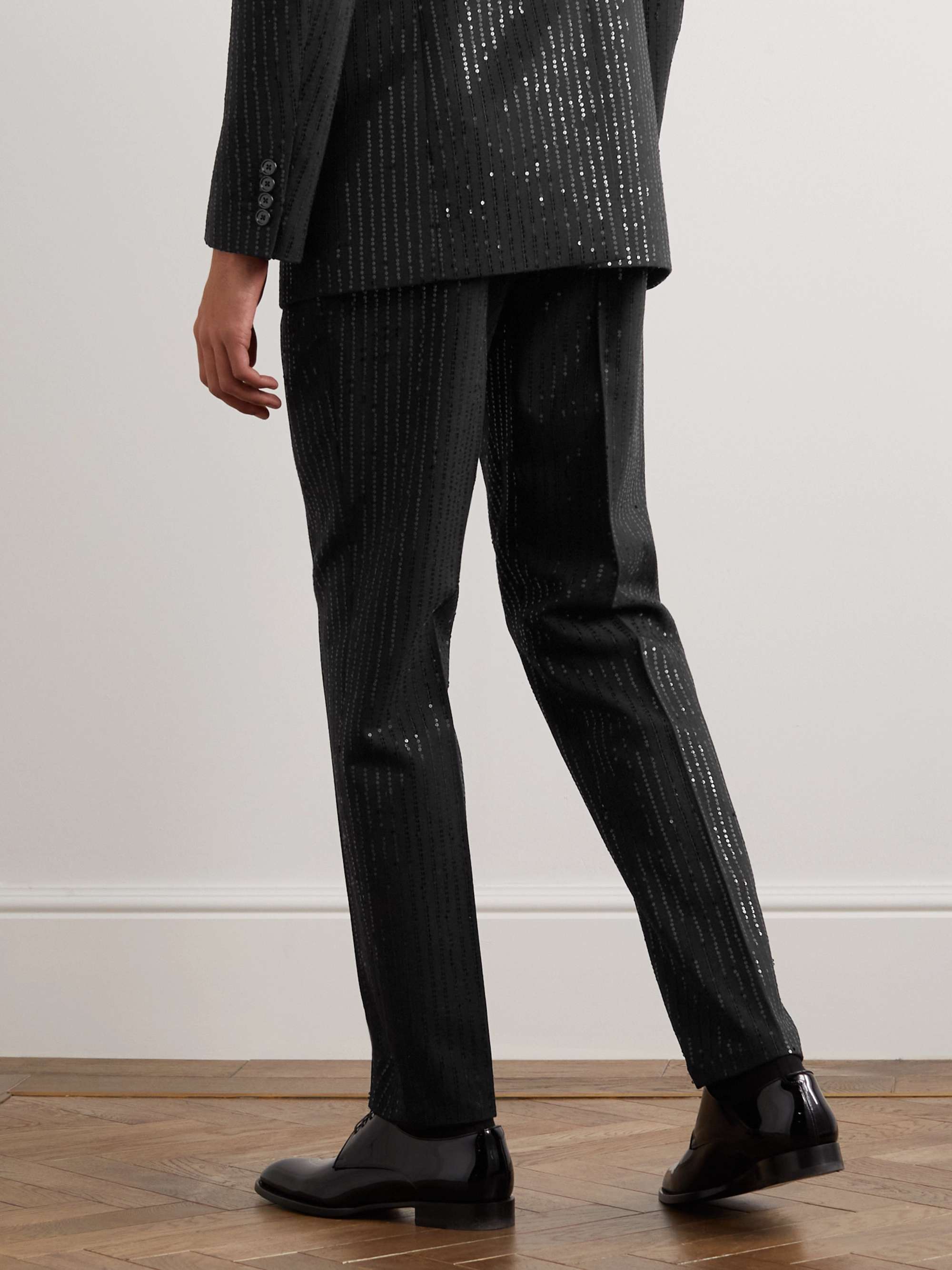 Straight-Leg Striped Sequin-Embellished Wool Trousers view