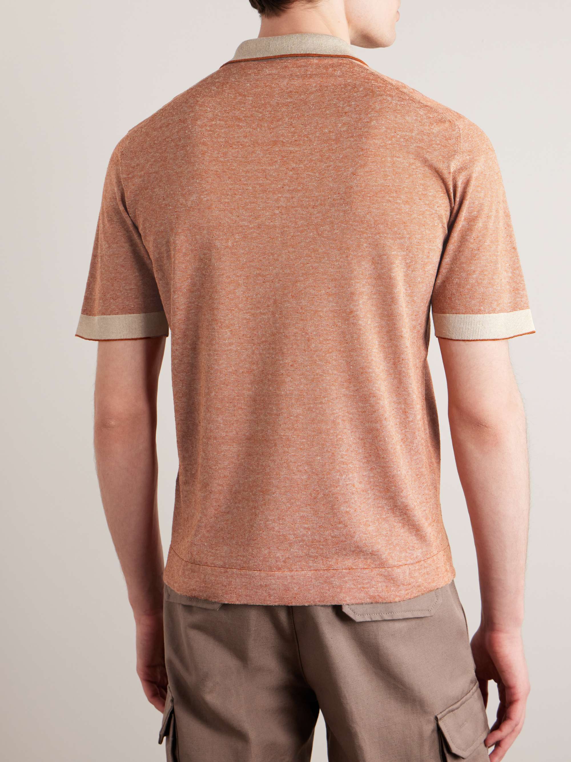 Slim-Fit Striped Silk and Linen-Blend Polo Shirt view