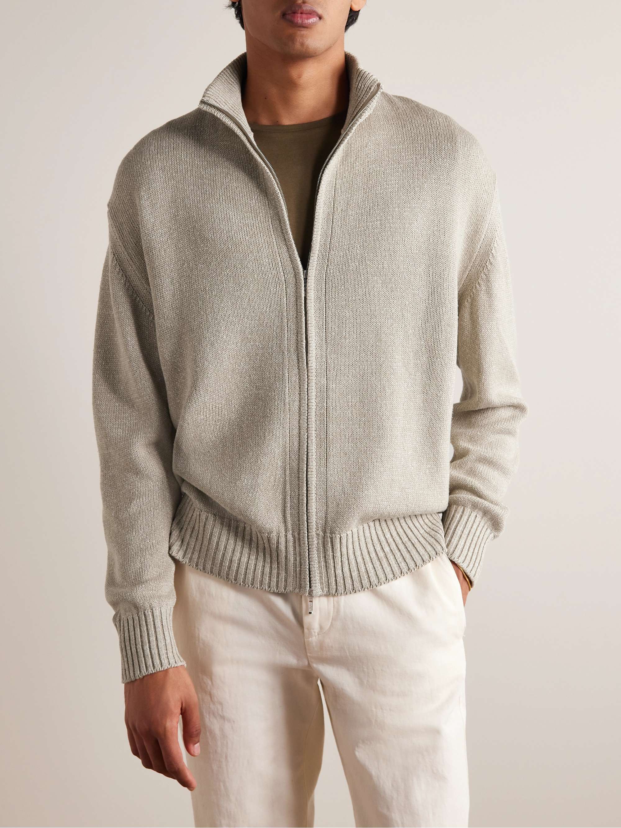 Silk and Linen-Blend Zip-Up Cardigan view