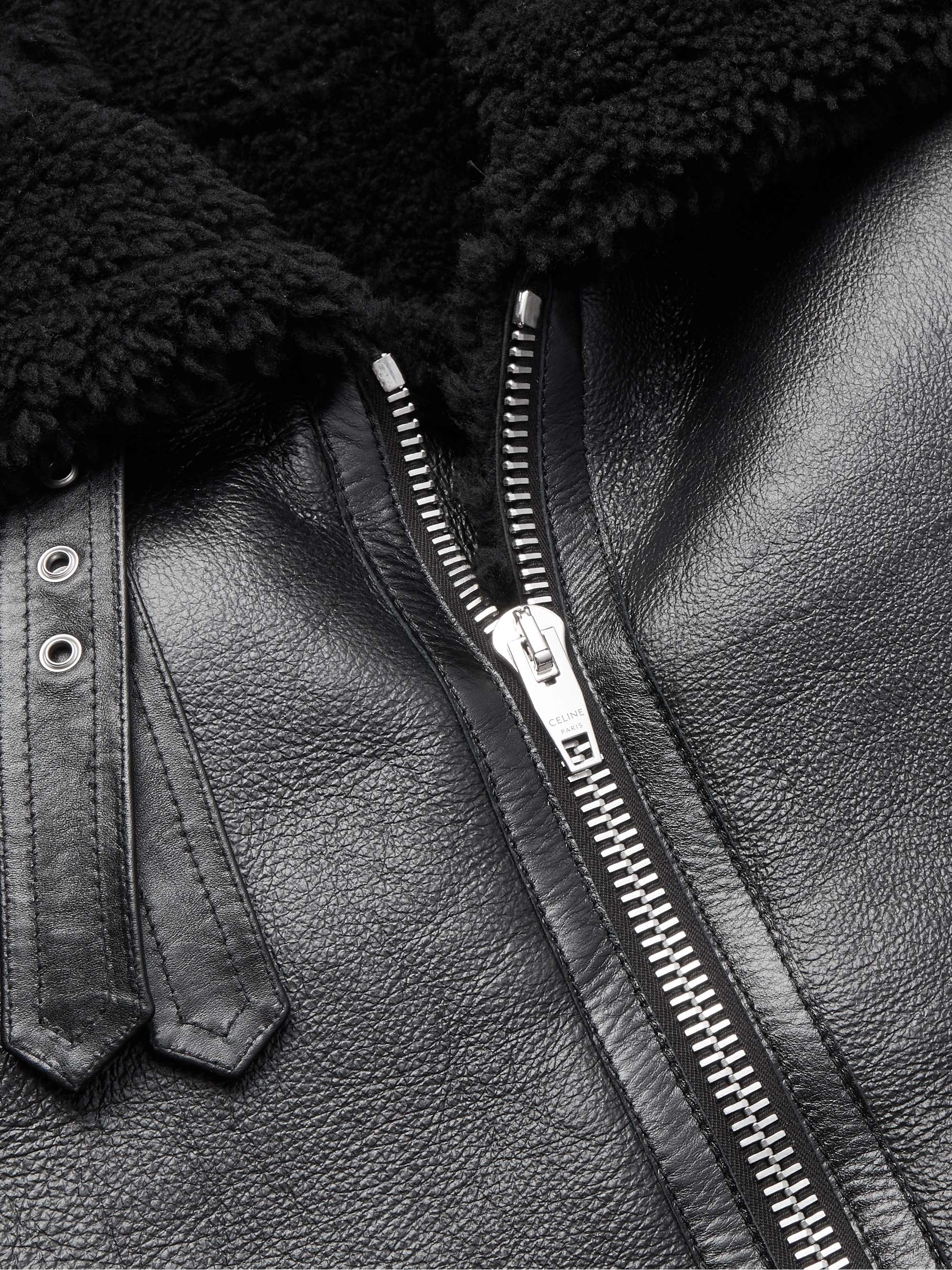 Shearling-Lined Textured-Leather Bomber Jacket view