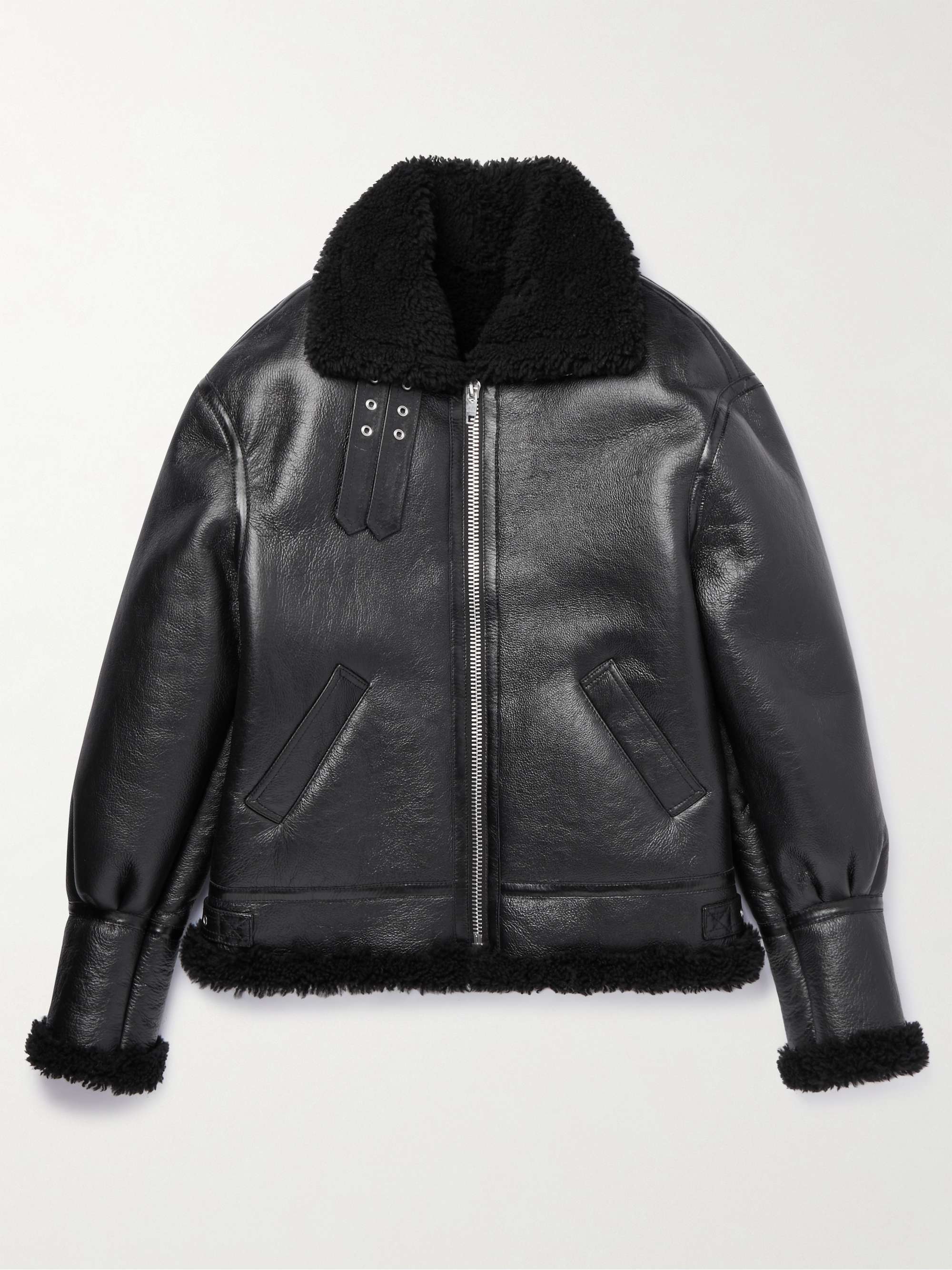 Shearling-Lined Textured-Leather Bomber Jacket view