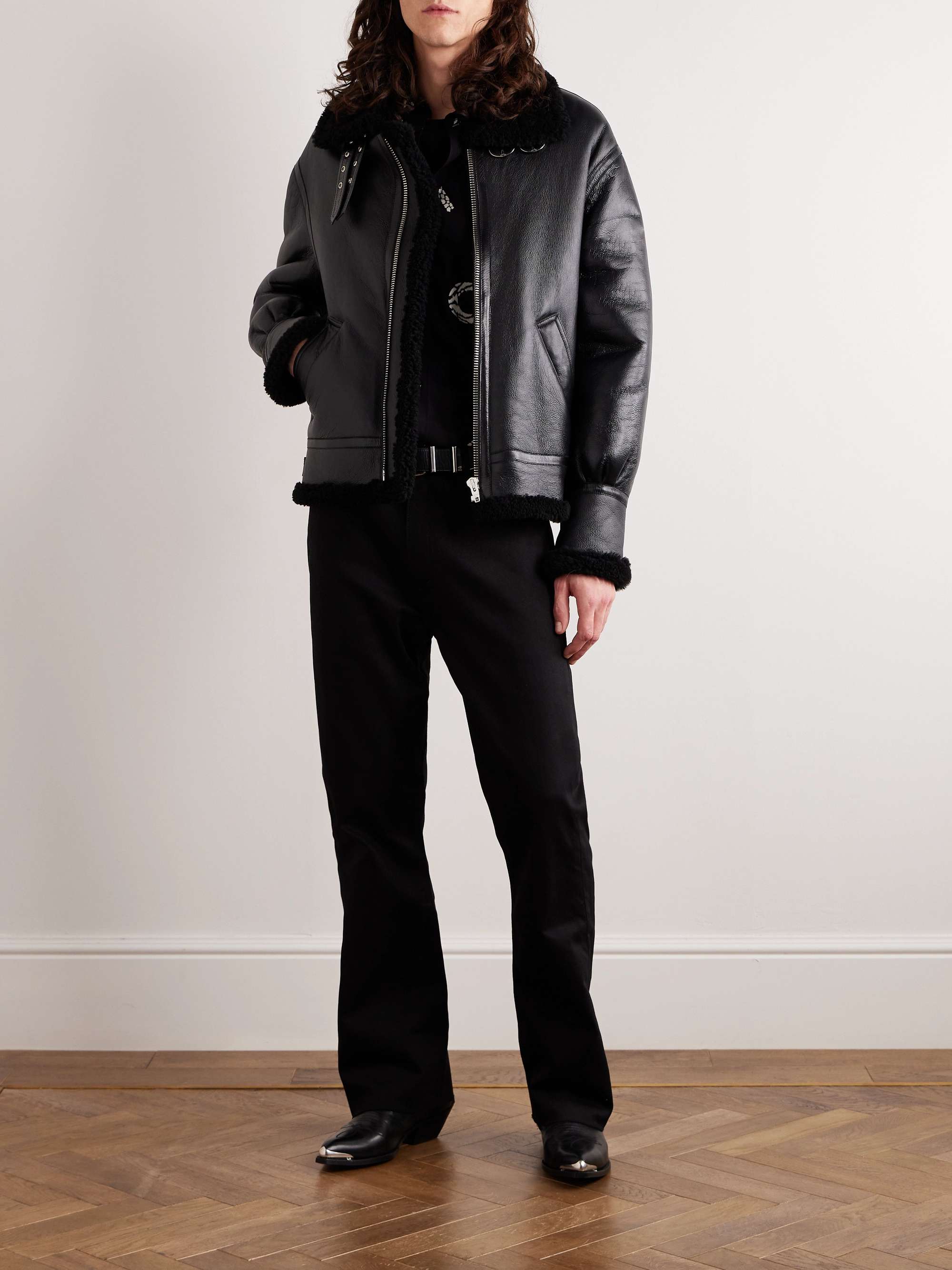 Shearling-Lined Textured-Leather Bomber Jacket view