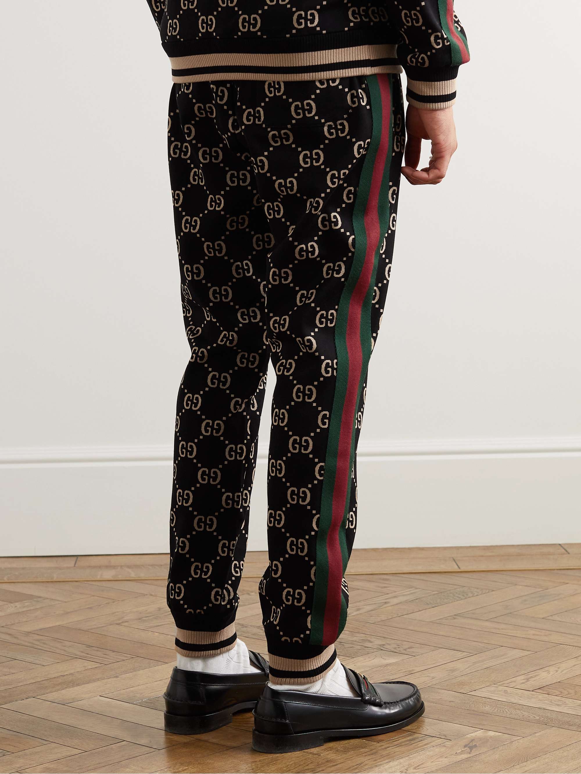 Tapered Webbing-Trimmed Monogrammed Cotton-Jersey Sweatpants view