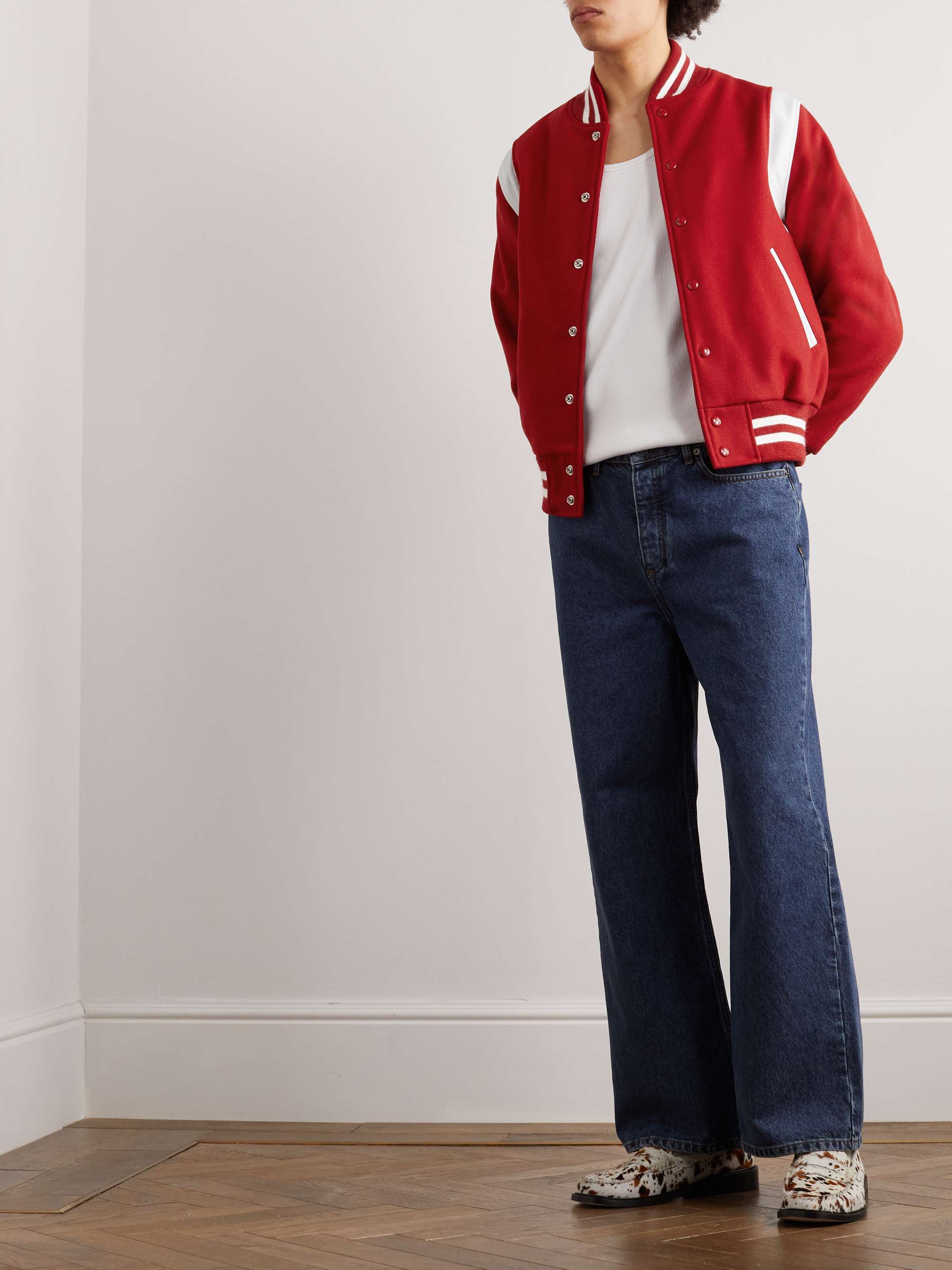 The Hayes Leather-Trimmed Wool-Blend Varsity Jacket view