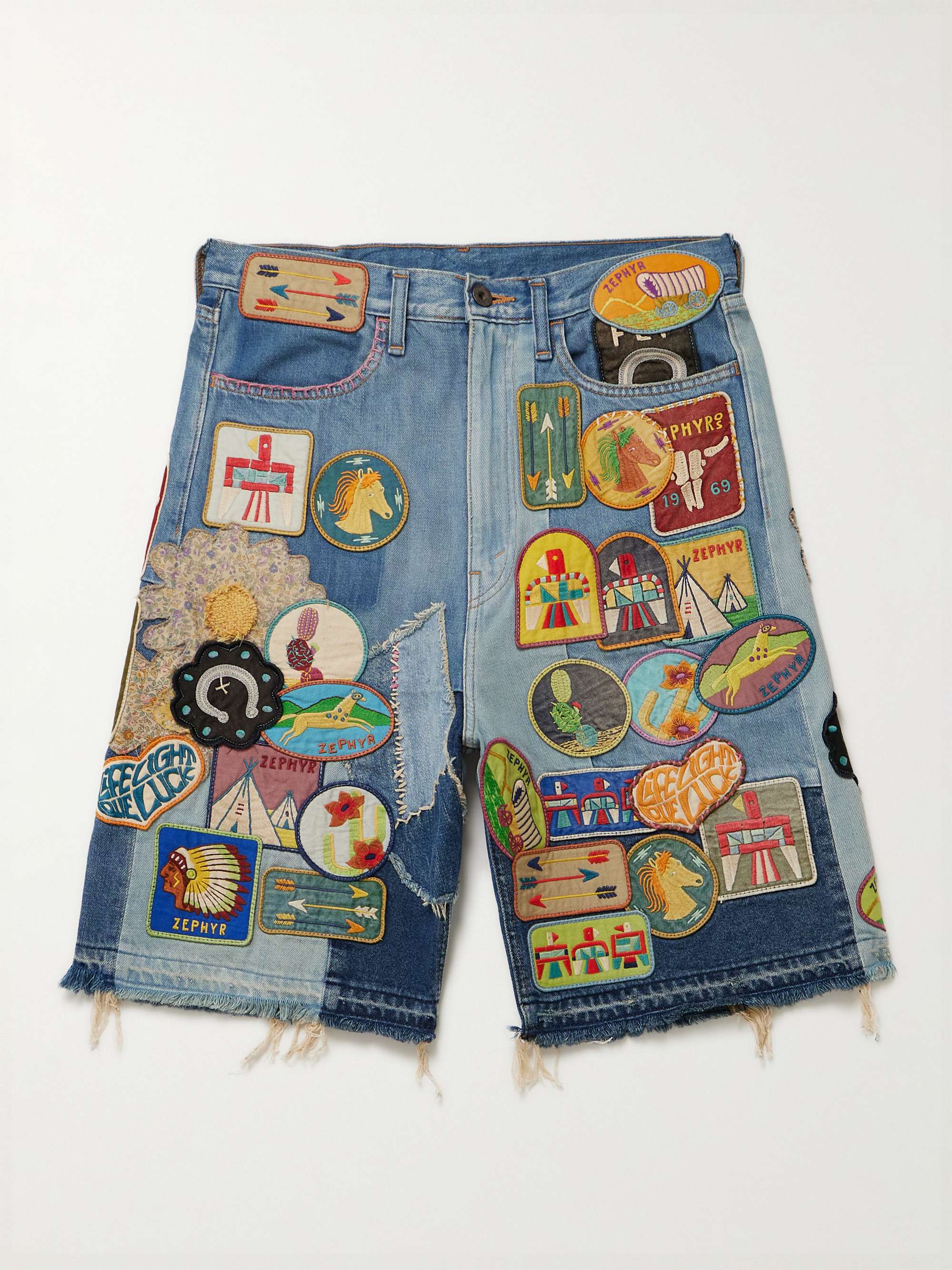 Straight-Leg Appliquéd Patchwork Denim Shorts view