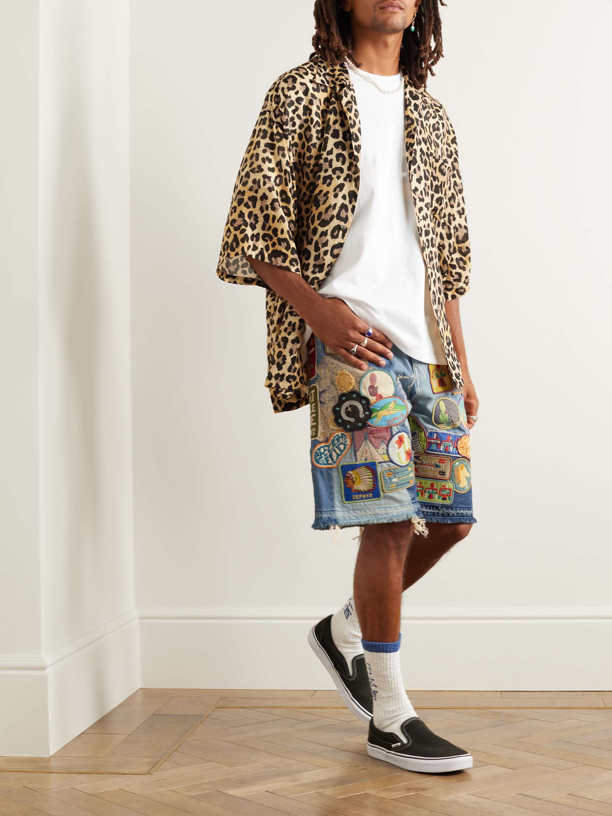 Straight-Leg Appliquéd Patchwork Denim Shorts view