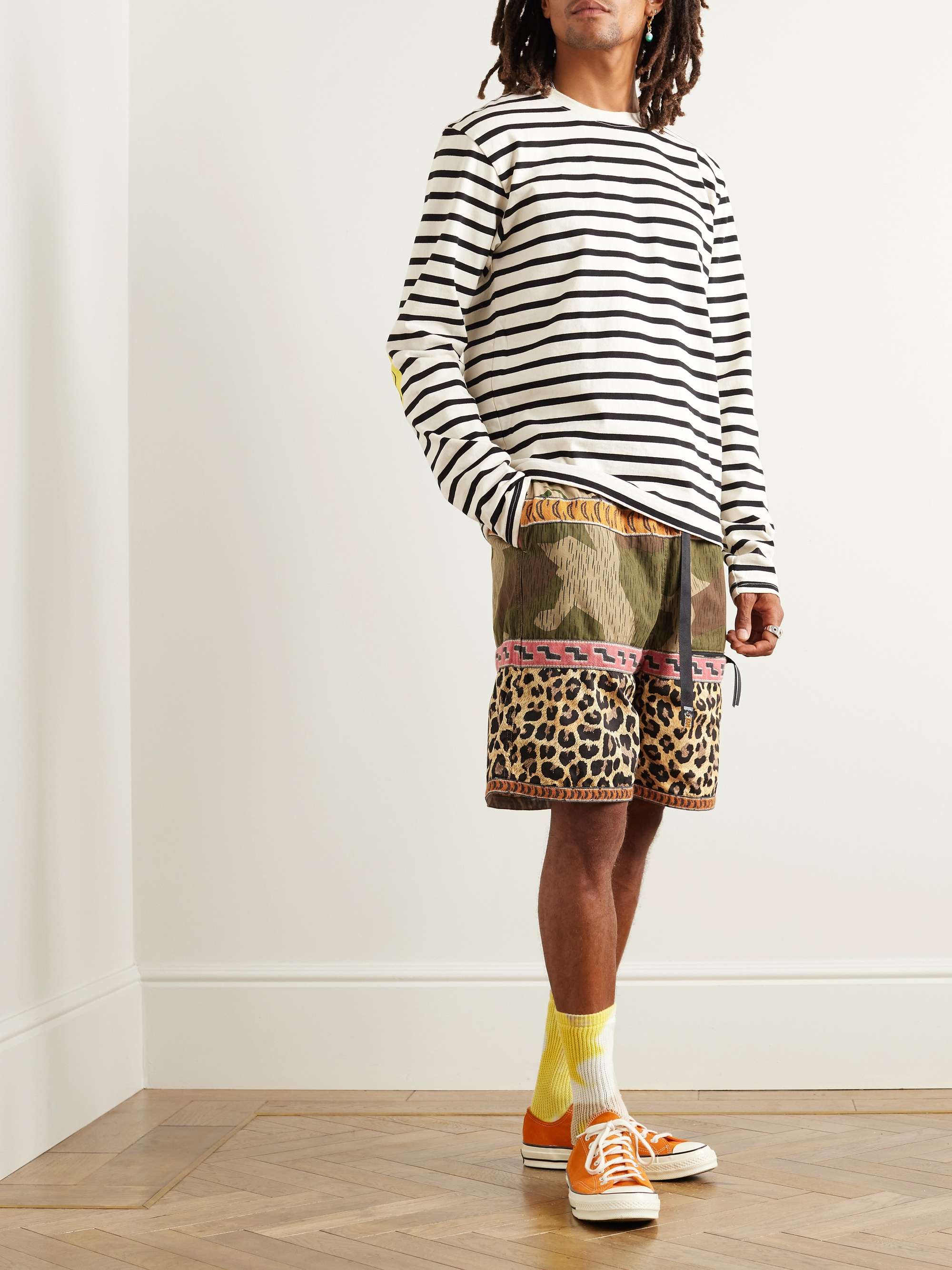 Straight-Leg Belted Patchwork Cotton-Twill and Jacquard Shorts view