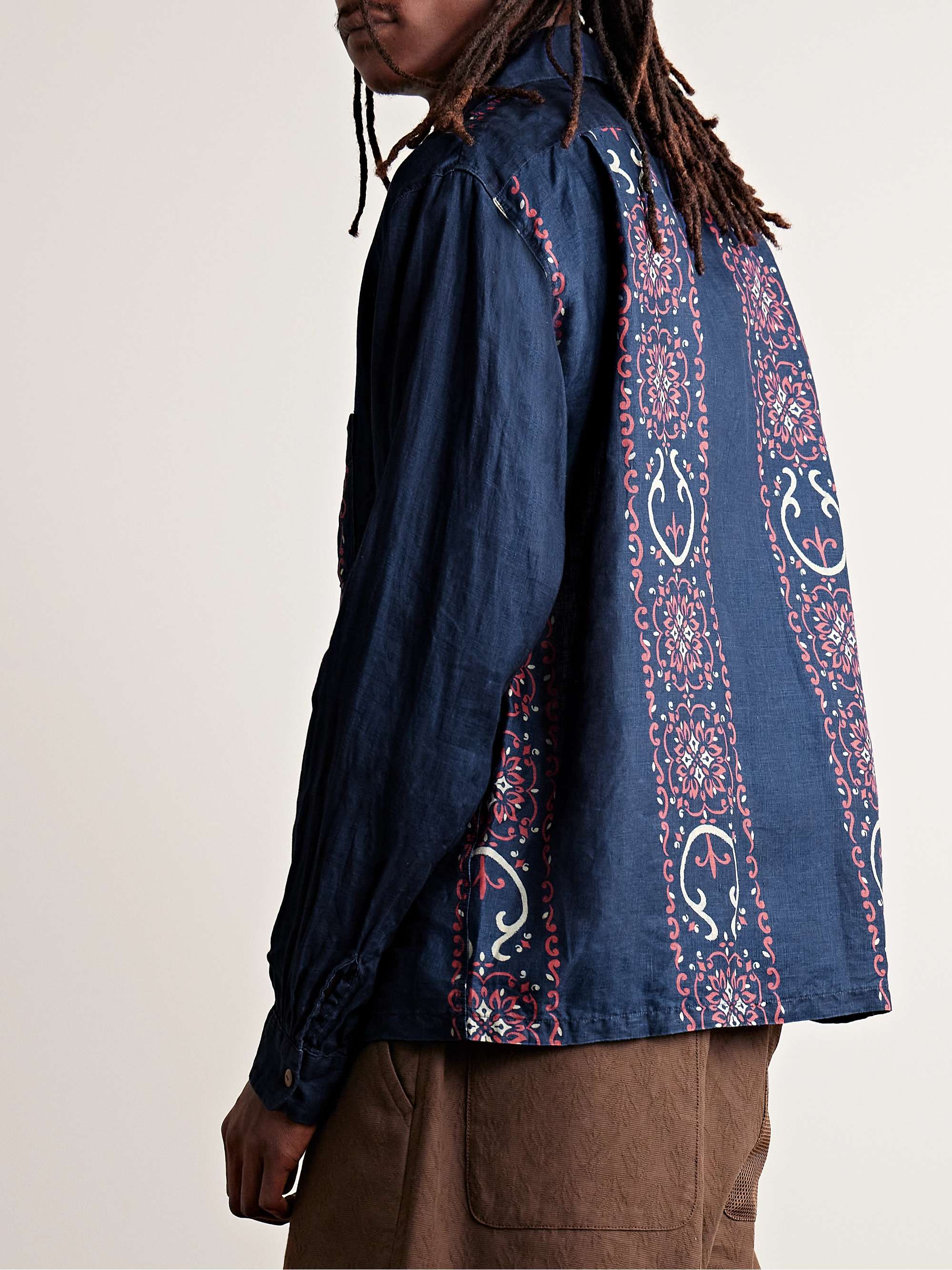 Camp-Collar Indigo-Dyed Printed Linen Shirt view