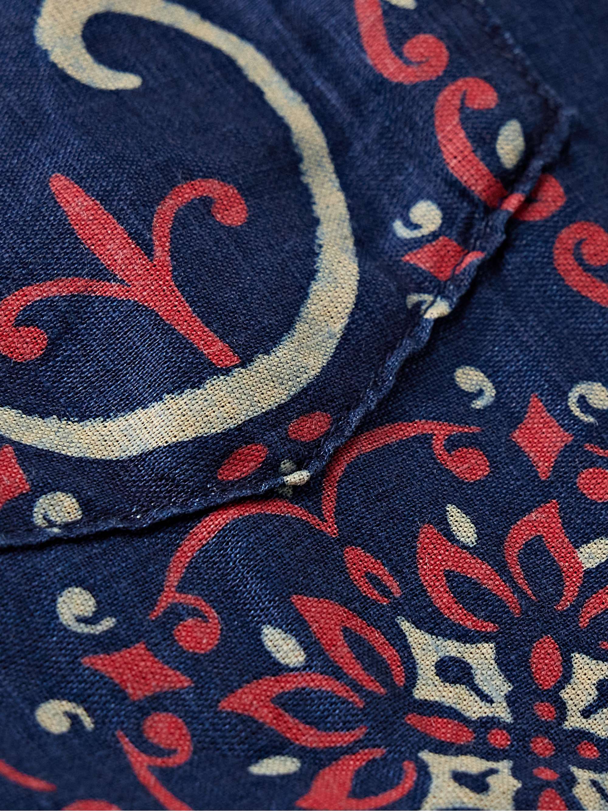Camp-Collar Indigo-Dyed Printed Linen Shirt view