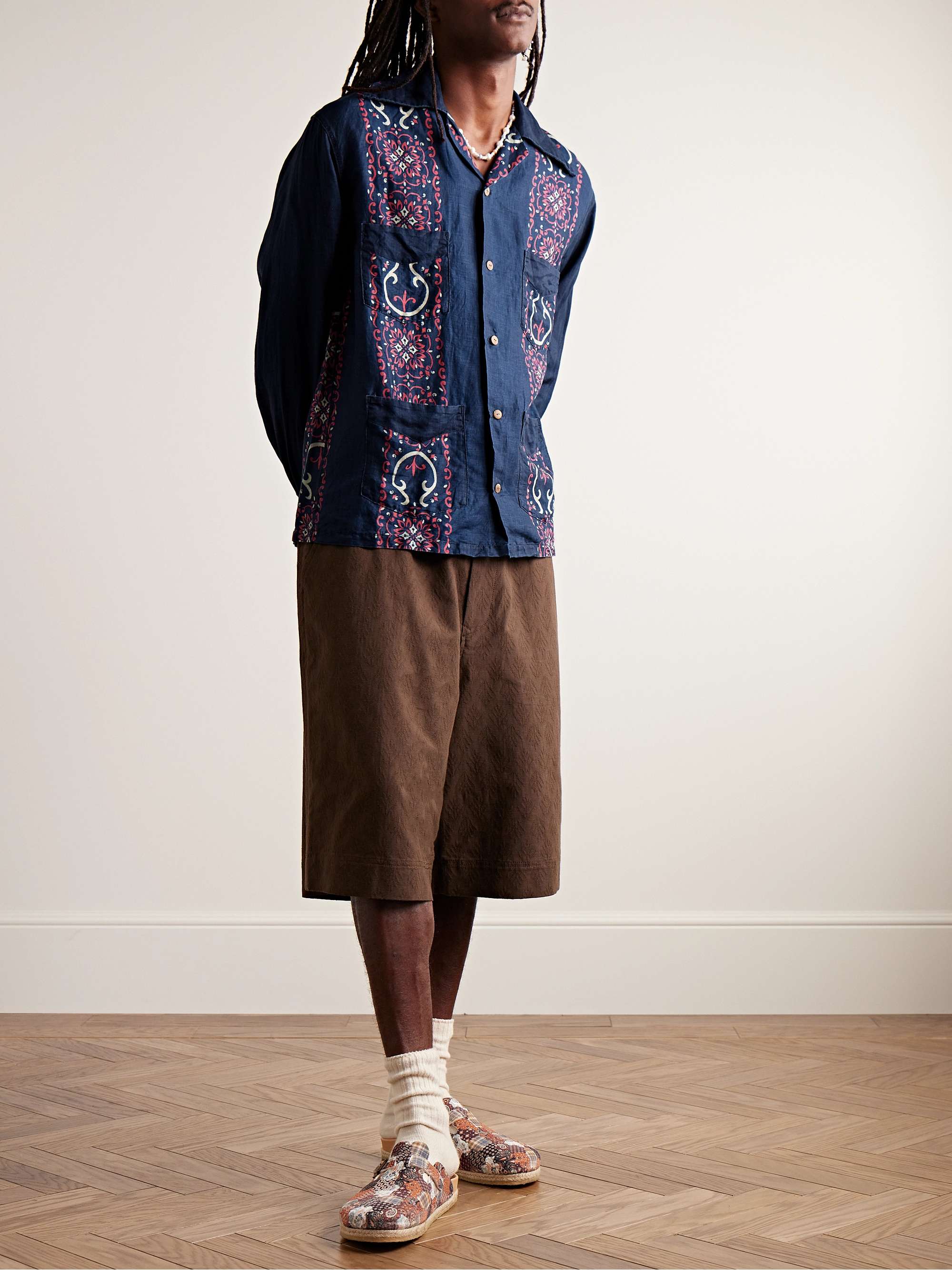 Camp-Collar Indigo-Dyed Printed Linen Shirt view