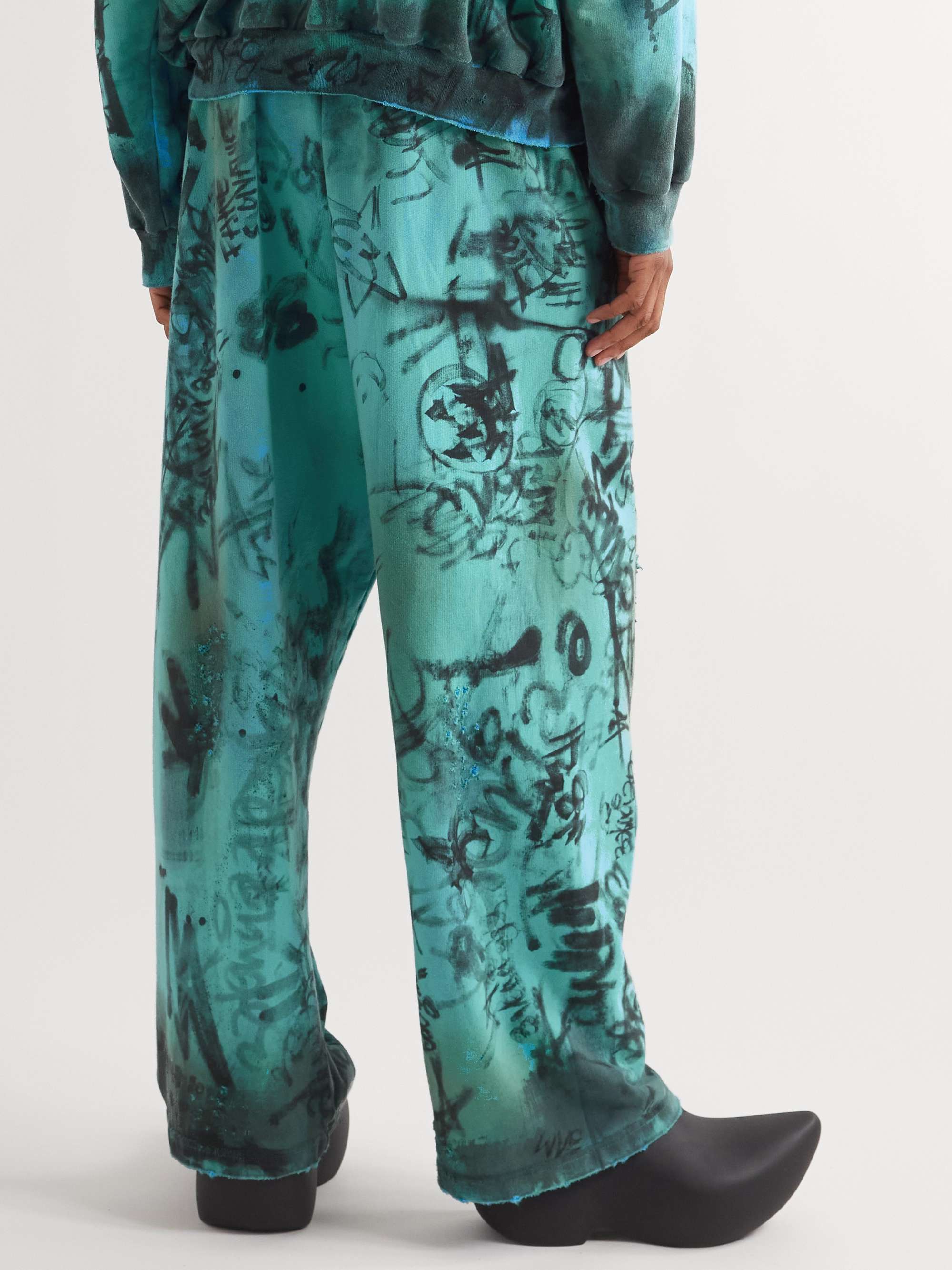 Wide-Leg Logo-Embroidered Distressed Printed Cotton-Jersey Sweatpants view