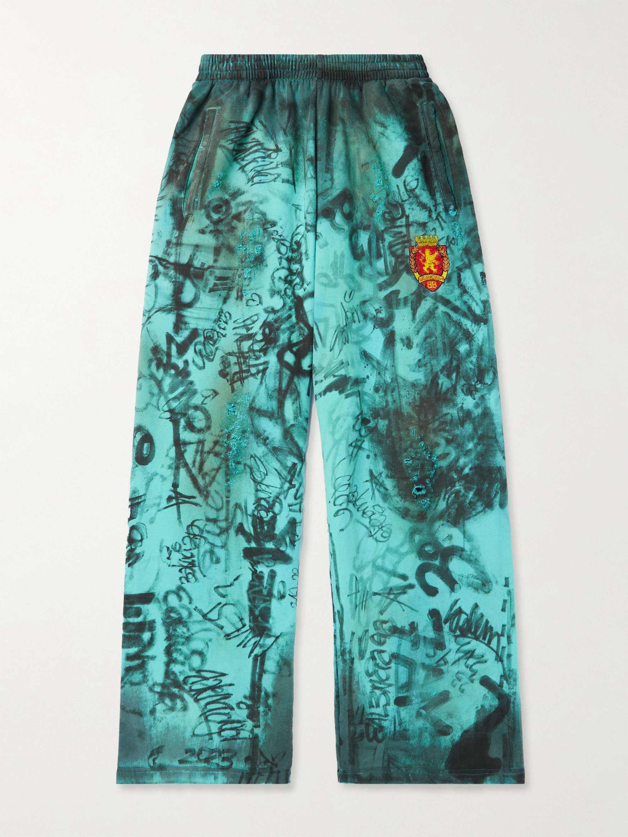 Wide-Leg Logo-Embroidered Distressed Printed Cotton-Jersey Sweatpants view