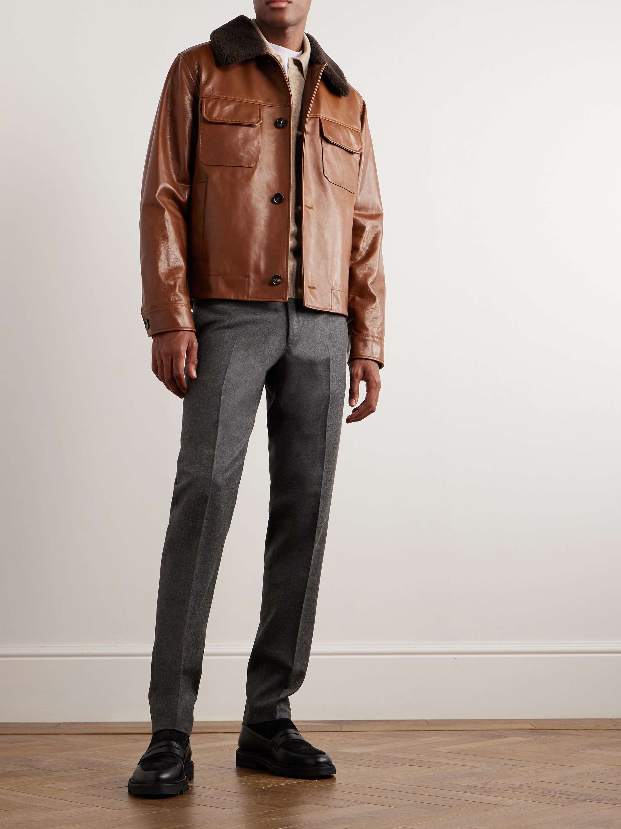Shearling-Trimmed Leather Jacket view
