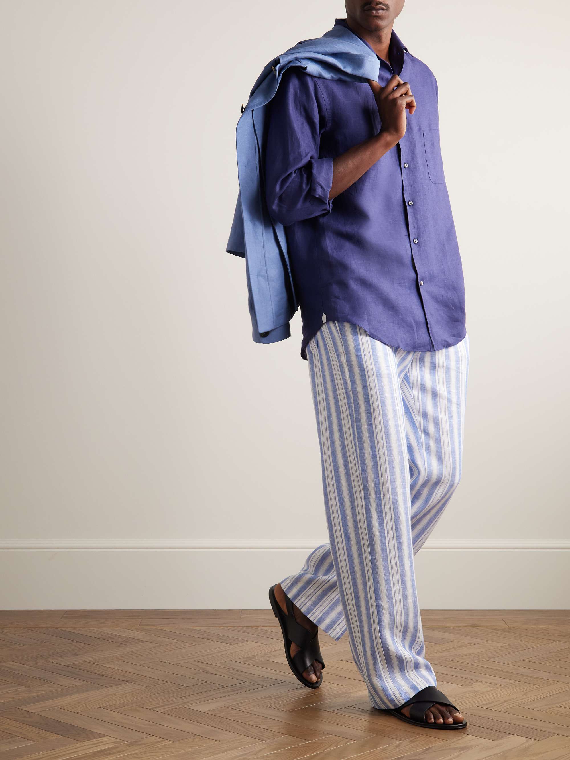 Heirai Straight-Leg Striped Linen Drawstring Trousers view