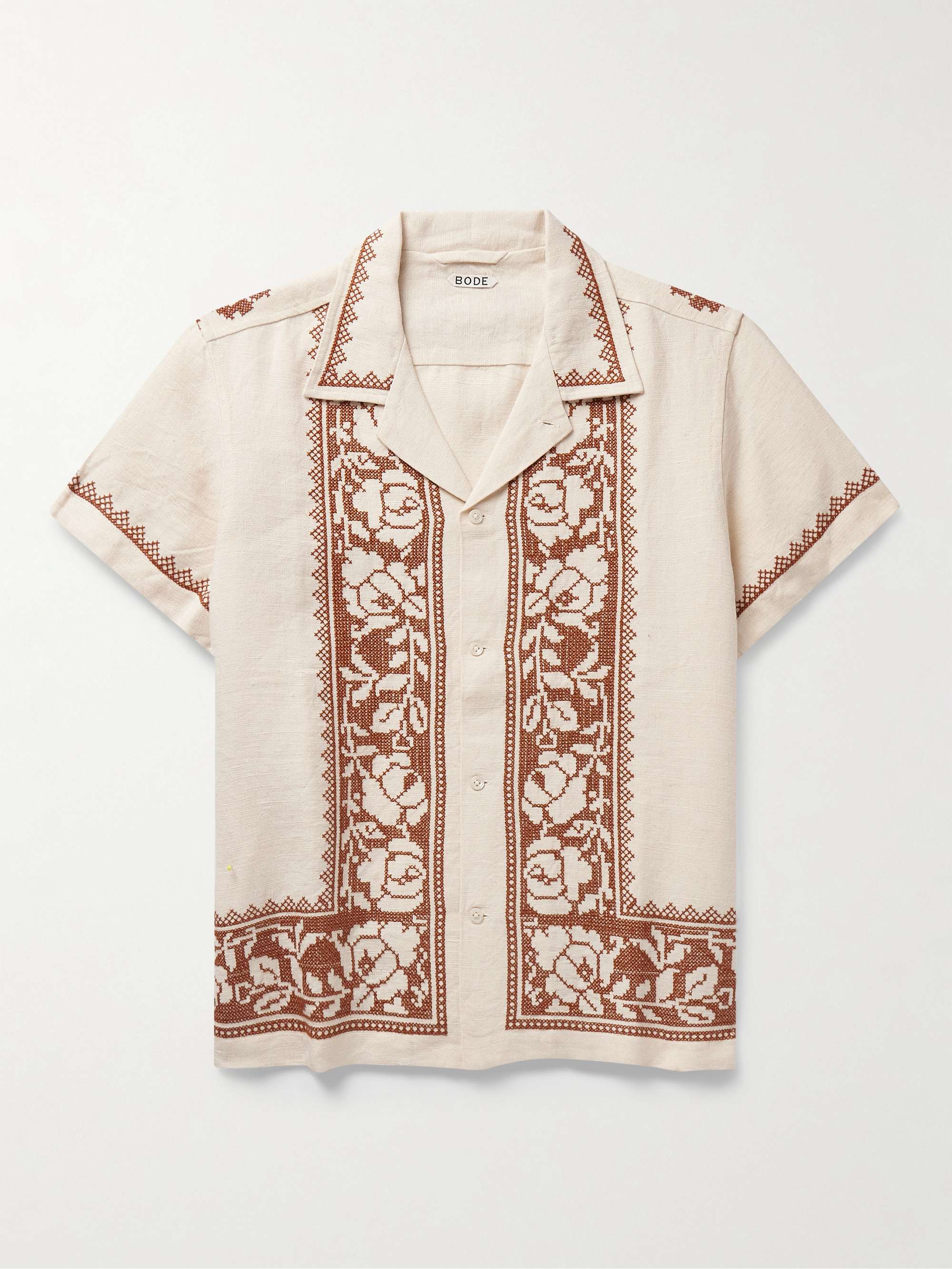 Rose Garland Camp-Collar Cross-Stitched Linen Shirt view