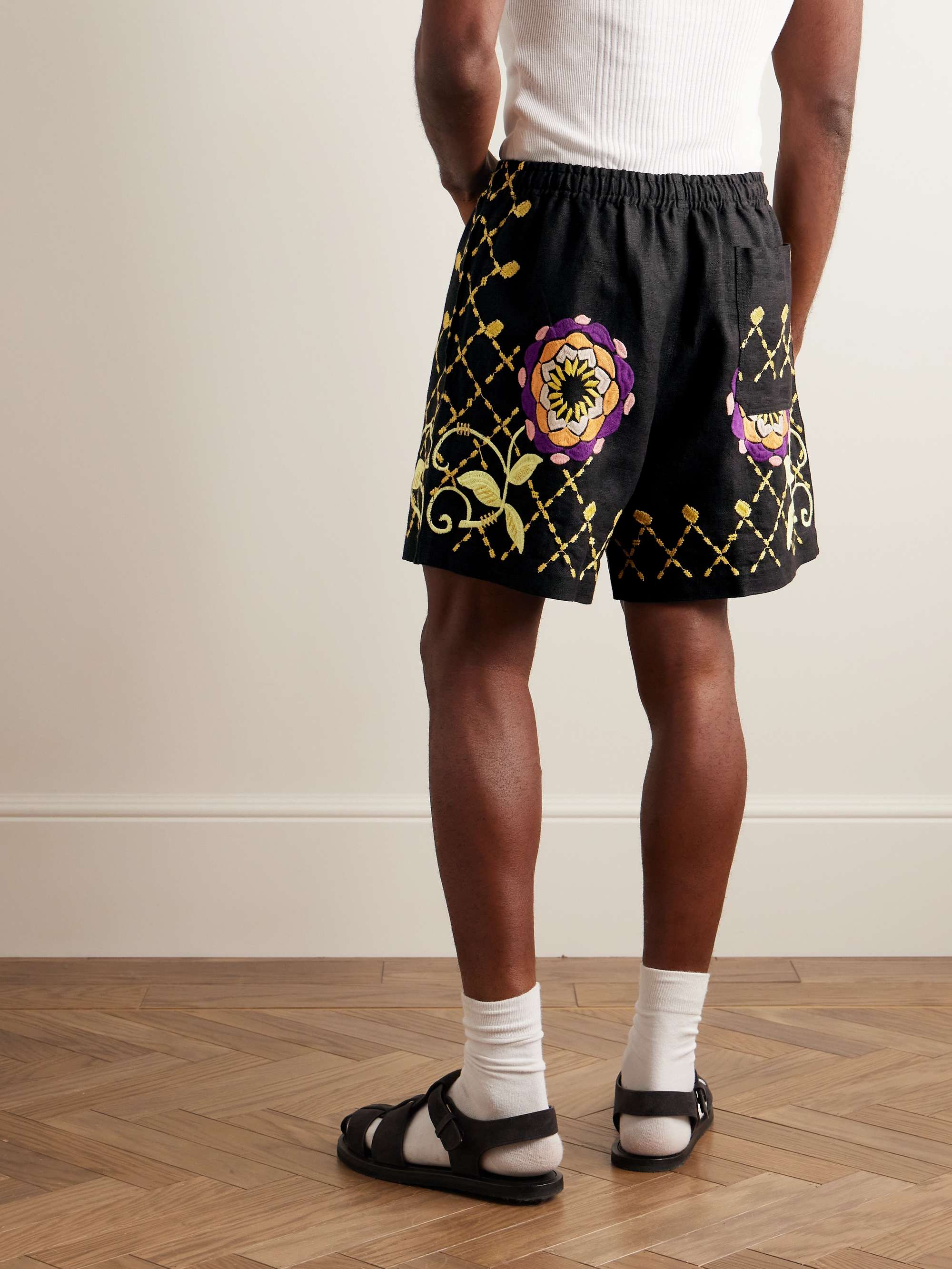 Wide-Leg Embroidered Linen Shorts view