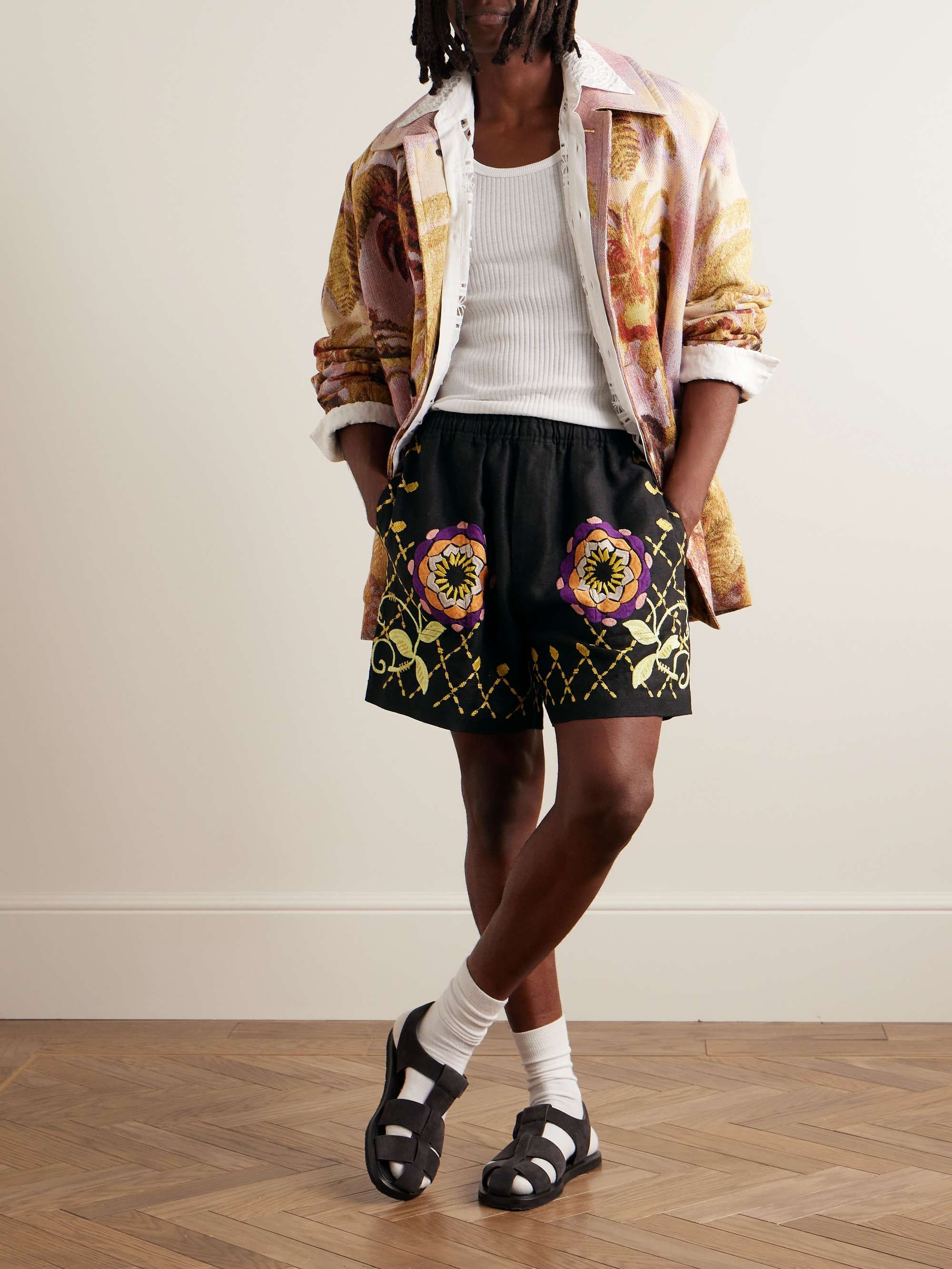 Wide-Leg Embroidered Linen Shorts view