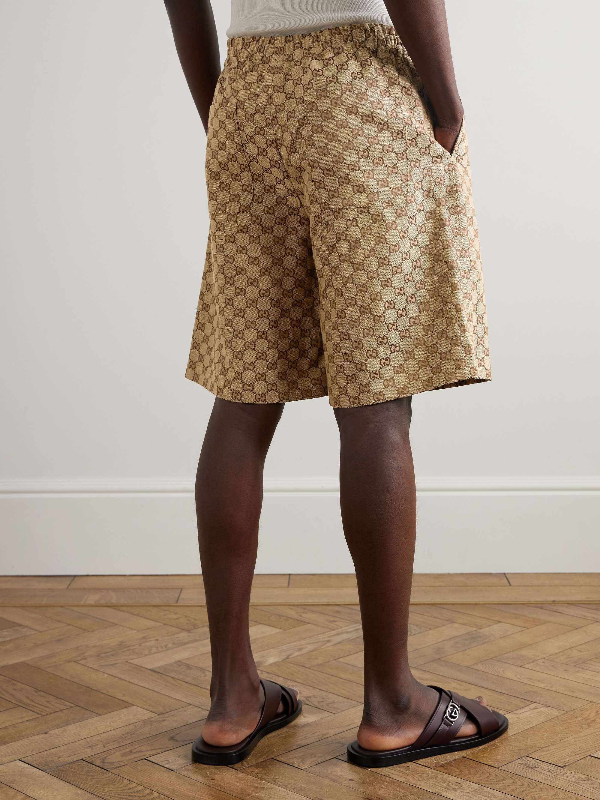 Wide-Leg Monogrammed Linen-Blend Shorts view