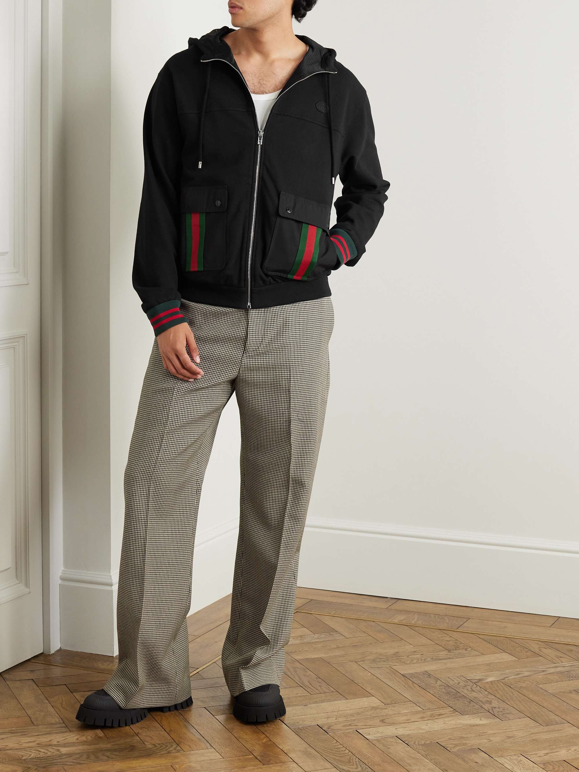 Shell and Webbing-Trimmed Cotton-Jersey Zip-Up Hoodie view
