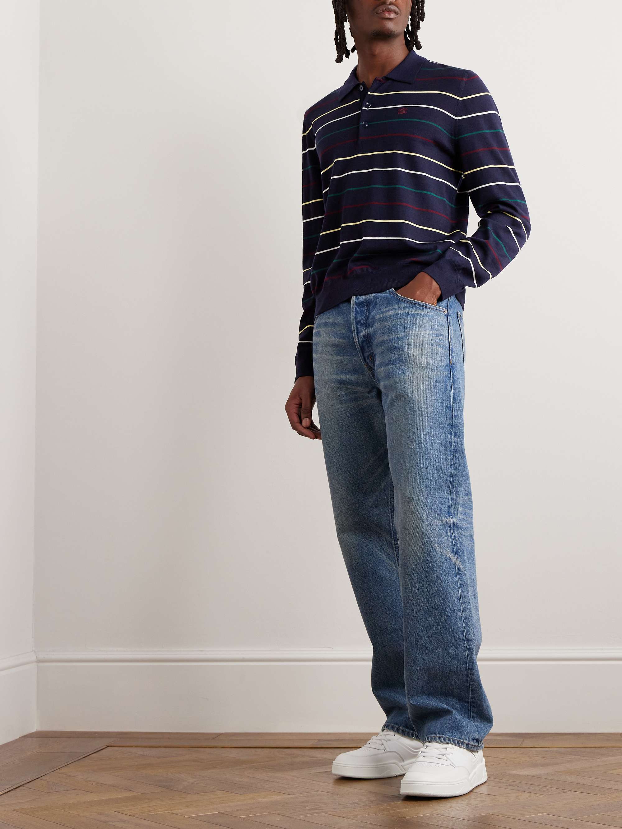 Logo-Embroidered Striped Wool Polo Shirt view